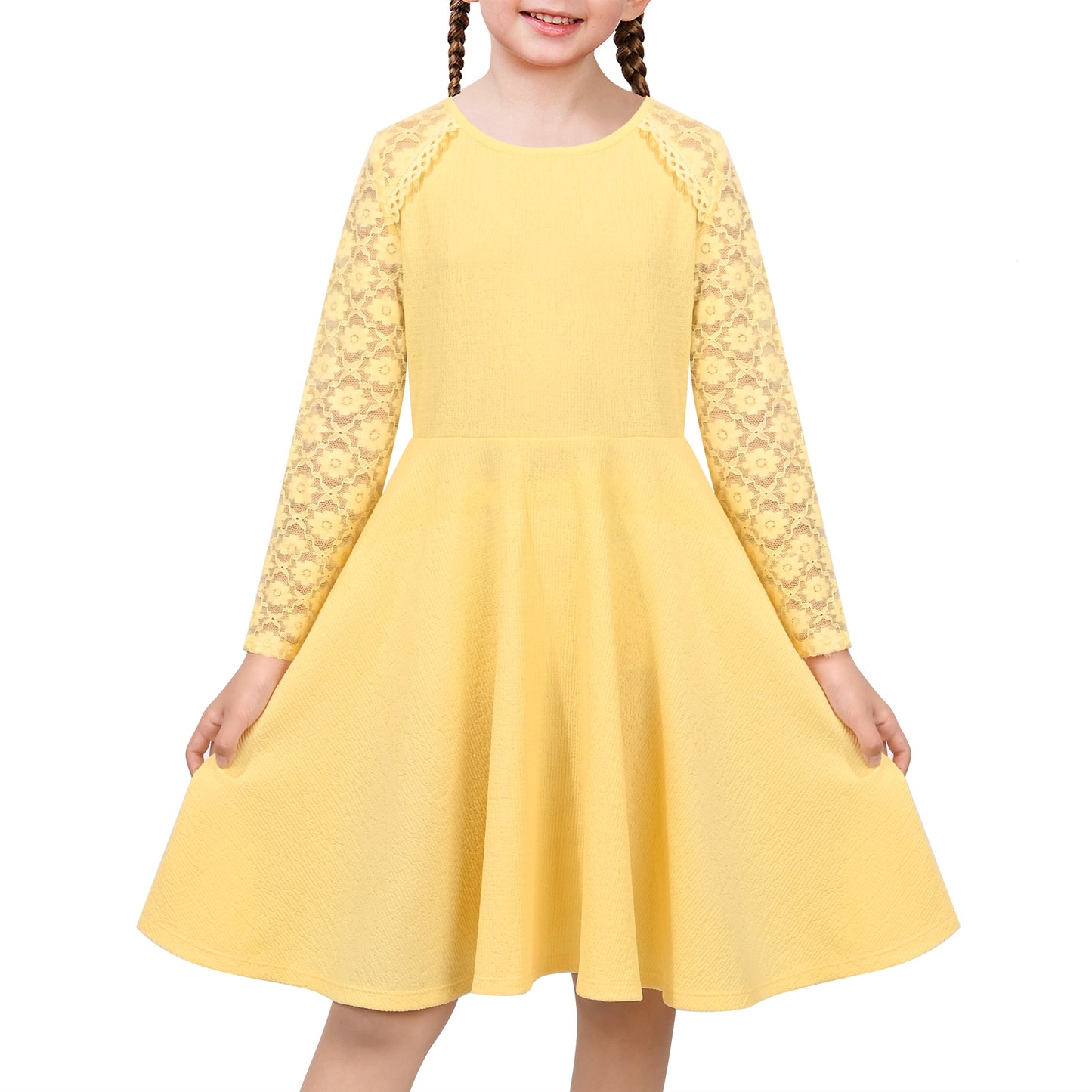 Girls Dress Red Lace Floral Hollow Back Formal Evening Long Sleeve Yellow