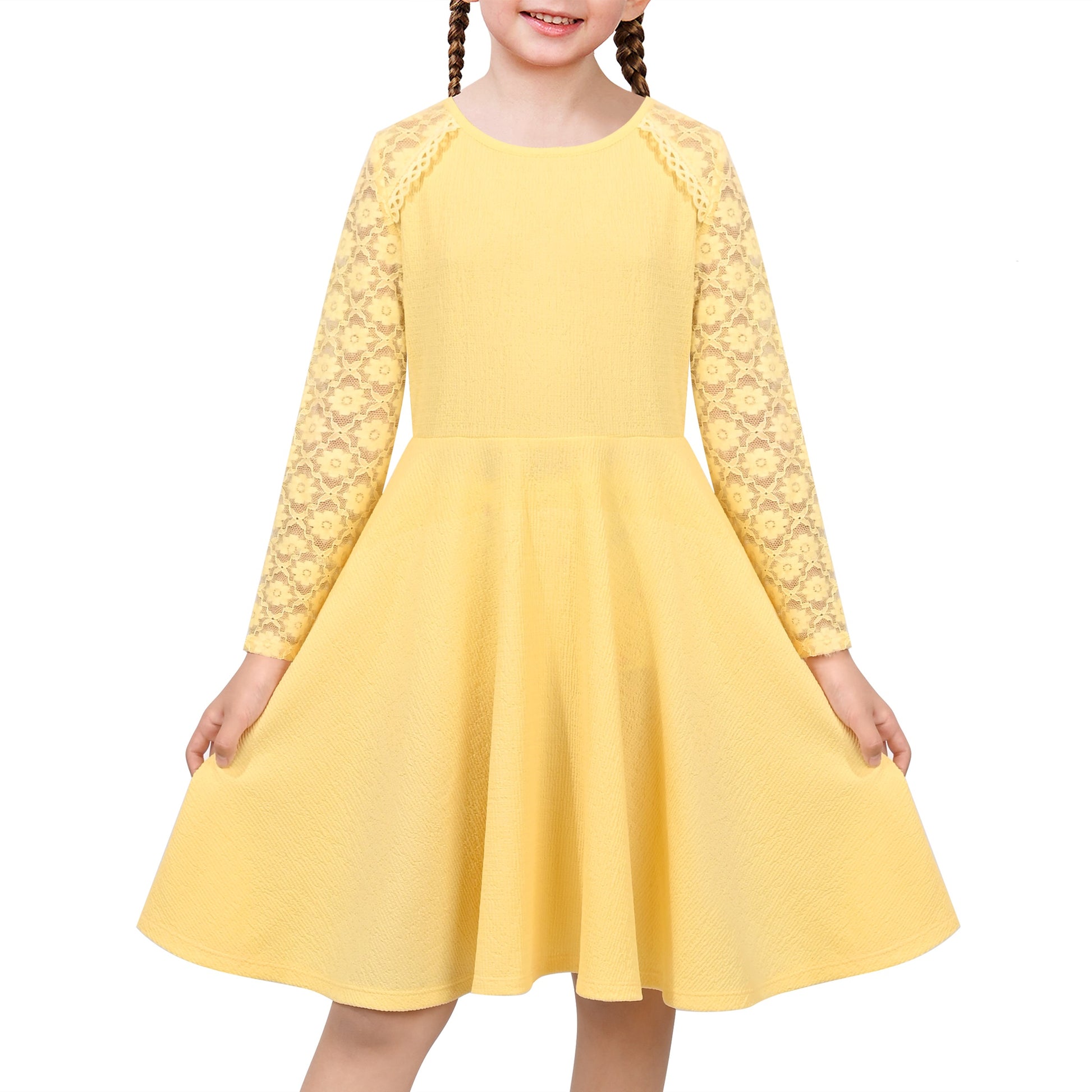 Girls Dress Red Lace Floral Hollow Back Formal Evening Long Sleeve Yellow