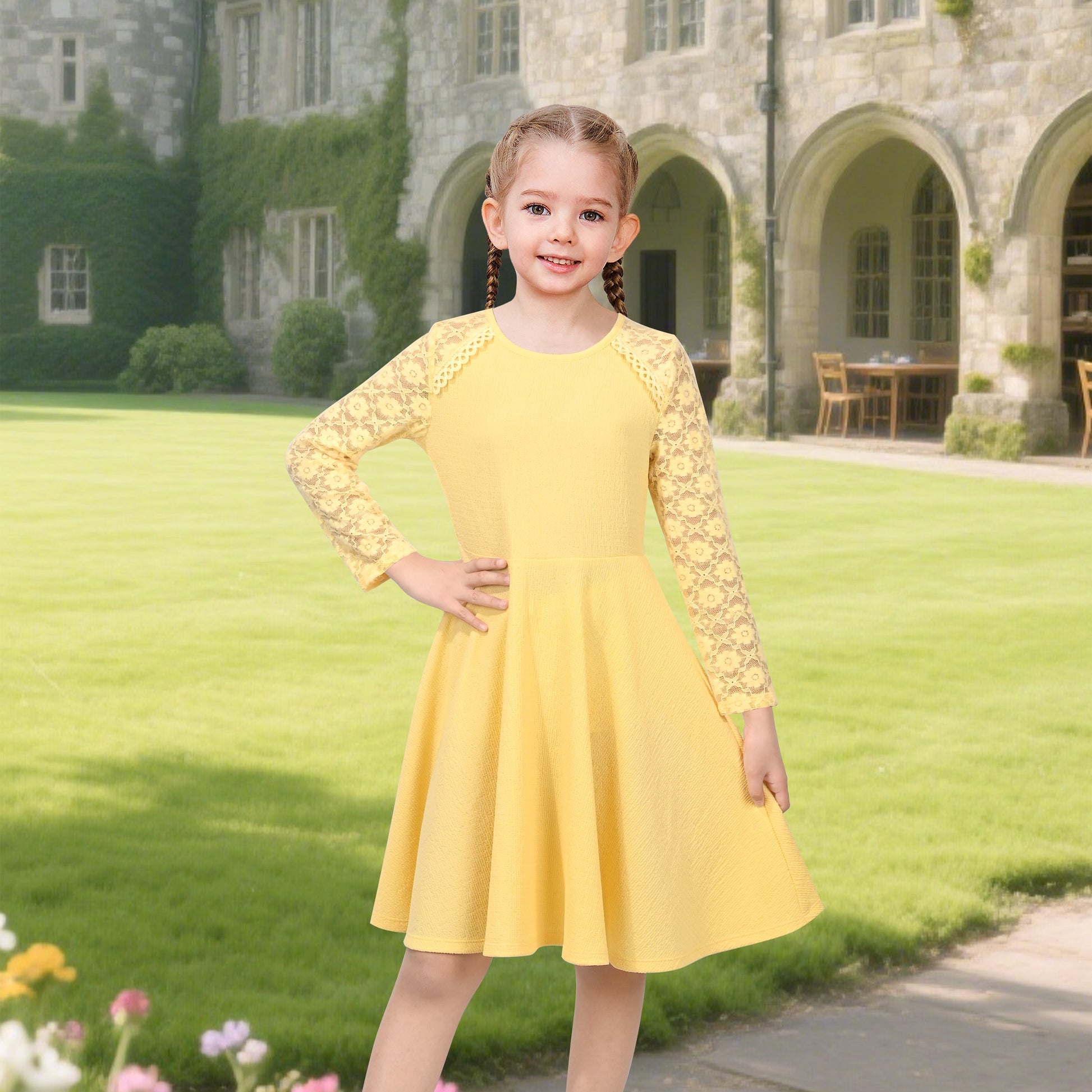 Girls Dress Red Lace Floral Hollow Back Formal Evening Long Sleeve Yellow