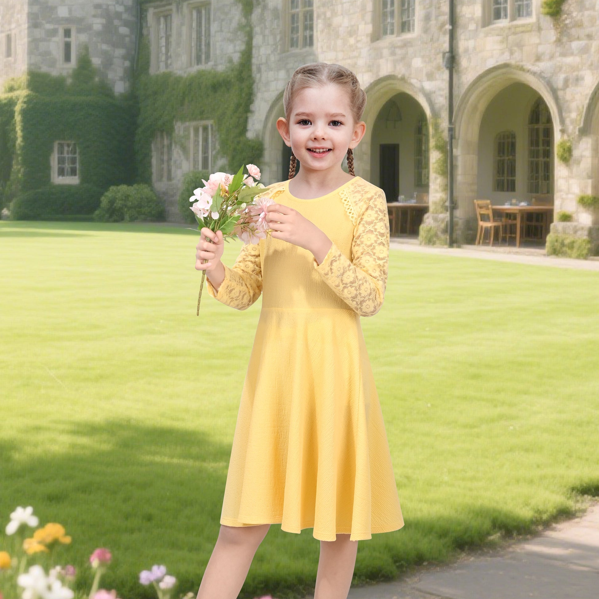 Girls Dress Red Lace Floral Hollow Back Formal Evening Long Sleeve Yellow