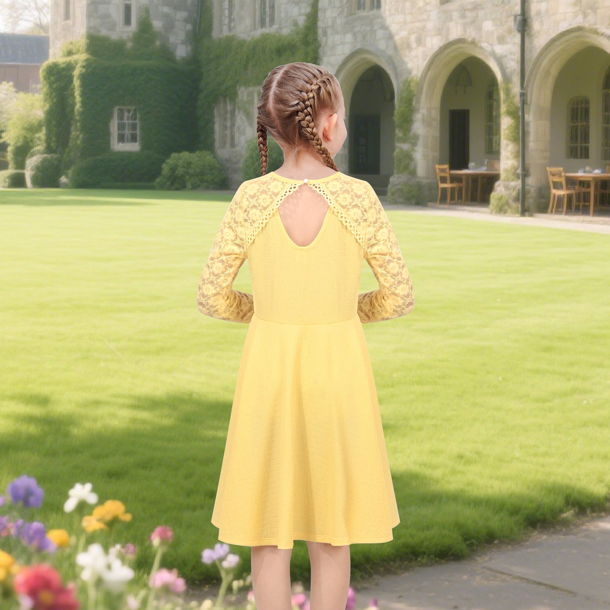 Girls Dress Red Lace Floral Hollow Back Formal Evening Long Sleeve Yellow
