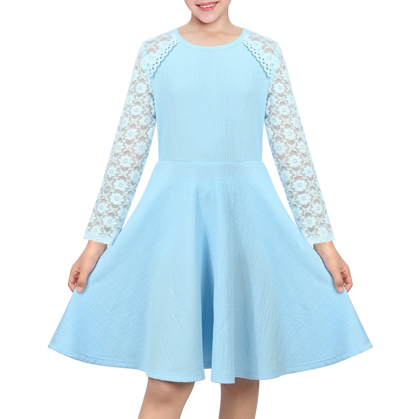 Girls Dress Red Lace Floral Hollow Back Formal Evening Long Sleeve Blue