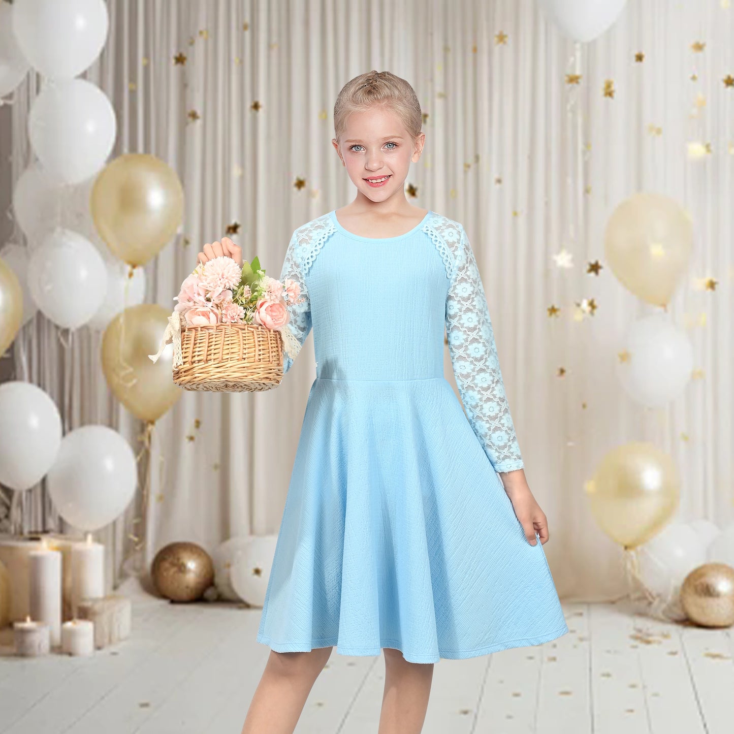 Girls Dress Red Lace Floral Hollow Back Formal Evening Long Sleeve Blue