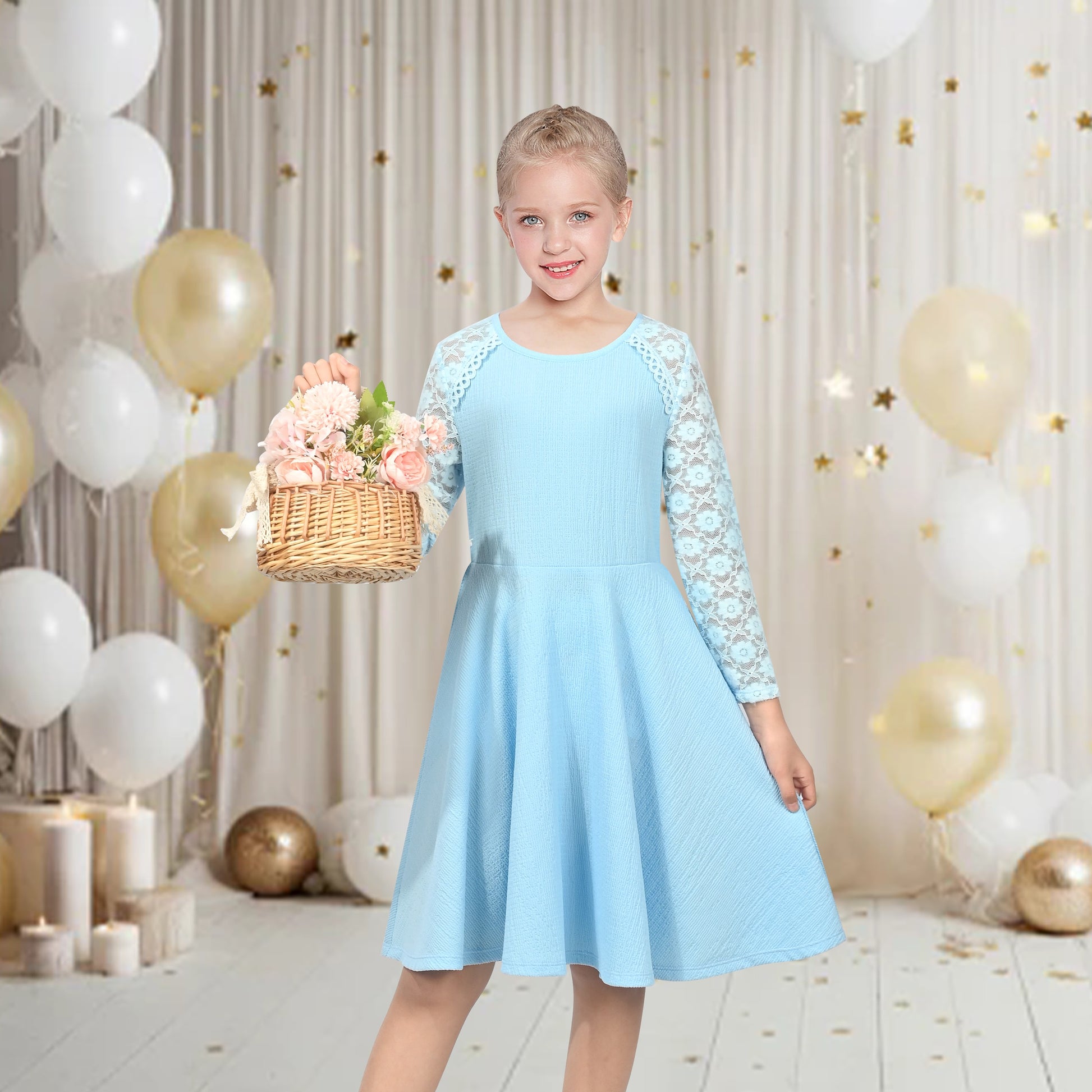 Girls Dress Red Lace Floral Hollow Back Formal Evening Long Sleeve Blue