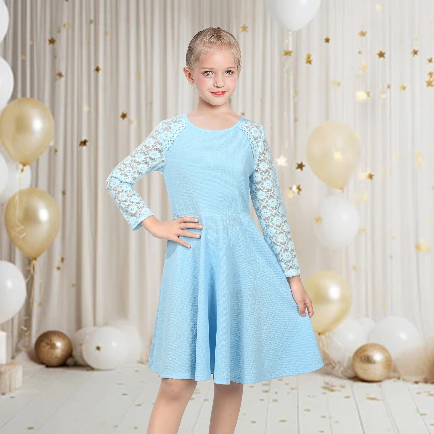 Girls Dress Red Lace Floral Hollow Back Formal Evening Long Sleeve Blue