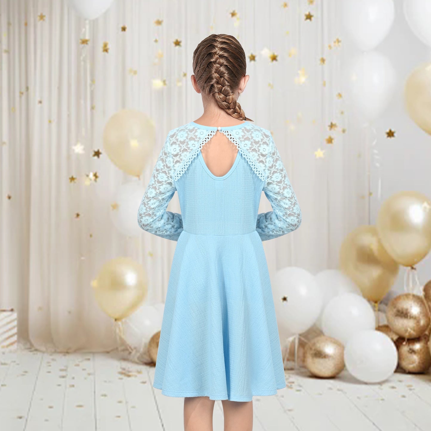 Girls Dress Red Lace Floral Hollow Back Formal Evening Long Sleeve Blue