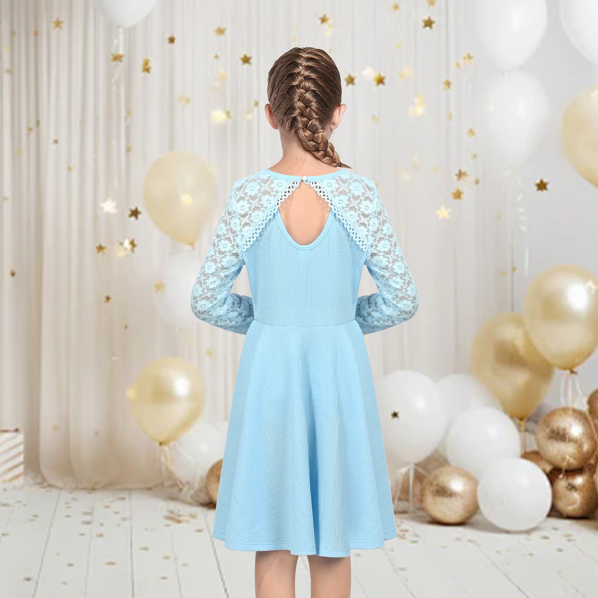 Girls Dress Red Lace Floral Hollow Back Formal Evening Long Sleeve Blue