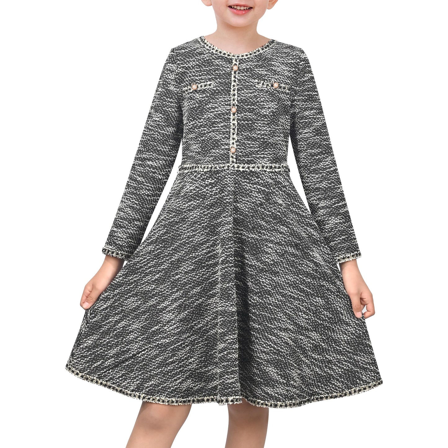 Girls Dress Rose Pink Cable Knit Striped Casual Long Sleeve Cotton Gray