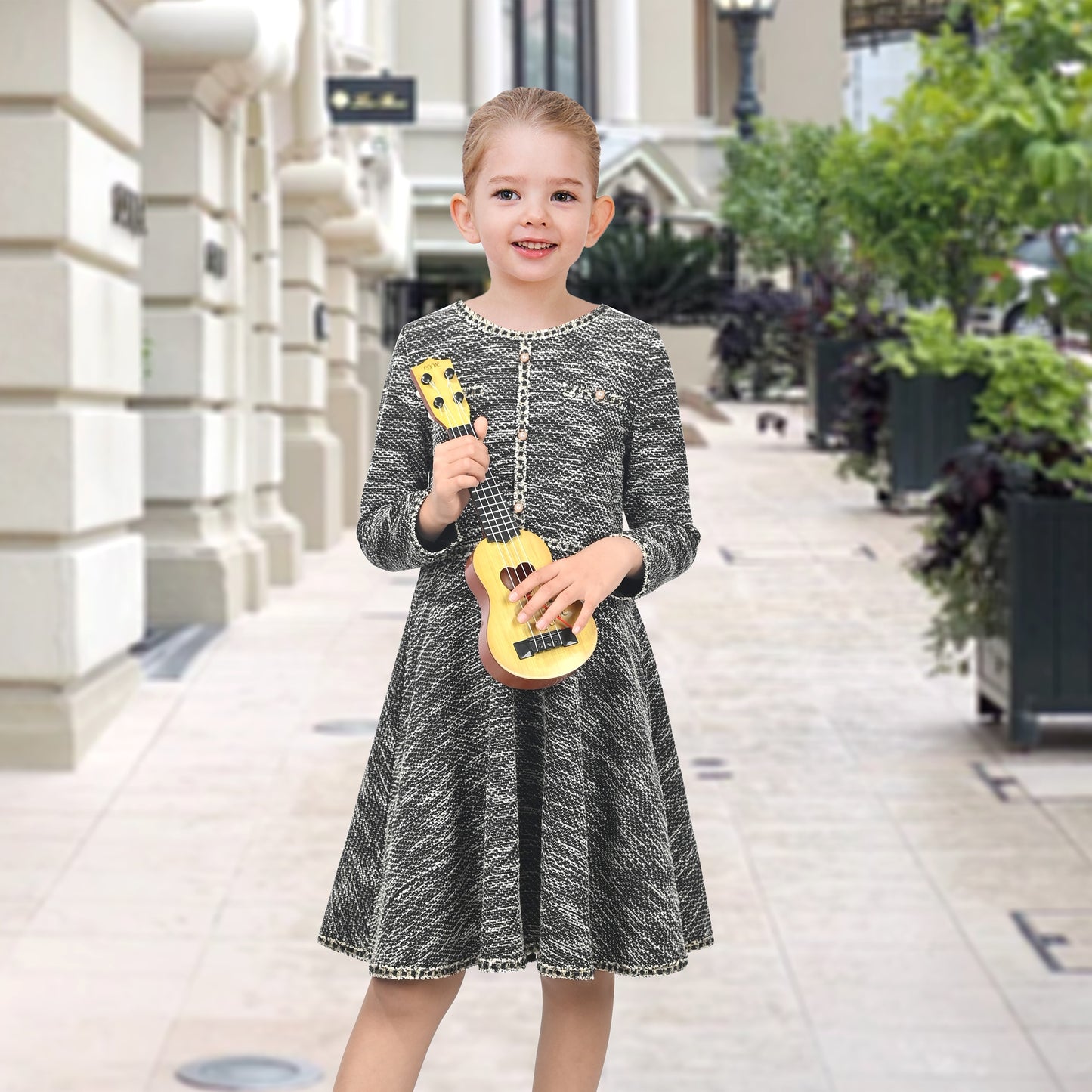 Girls Dress Rose Pink Cable Knit Striped Casual Long Sleeve Cotton Gray