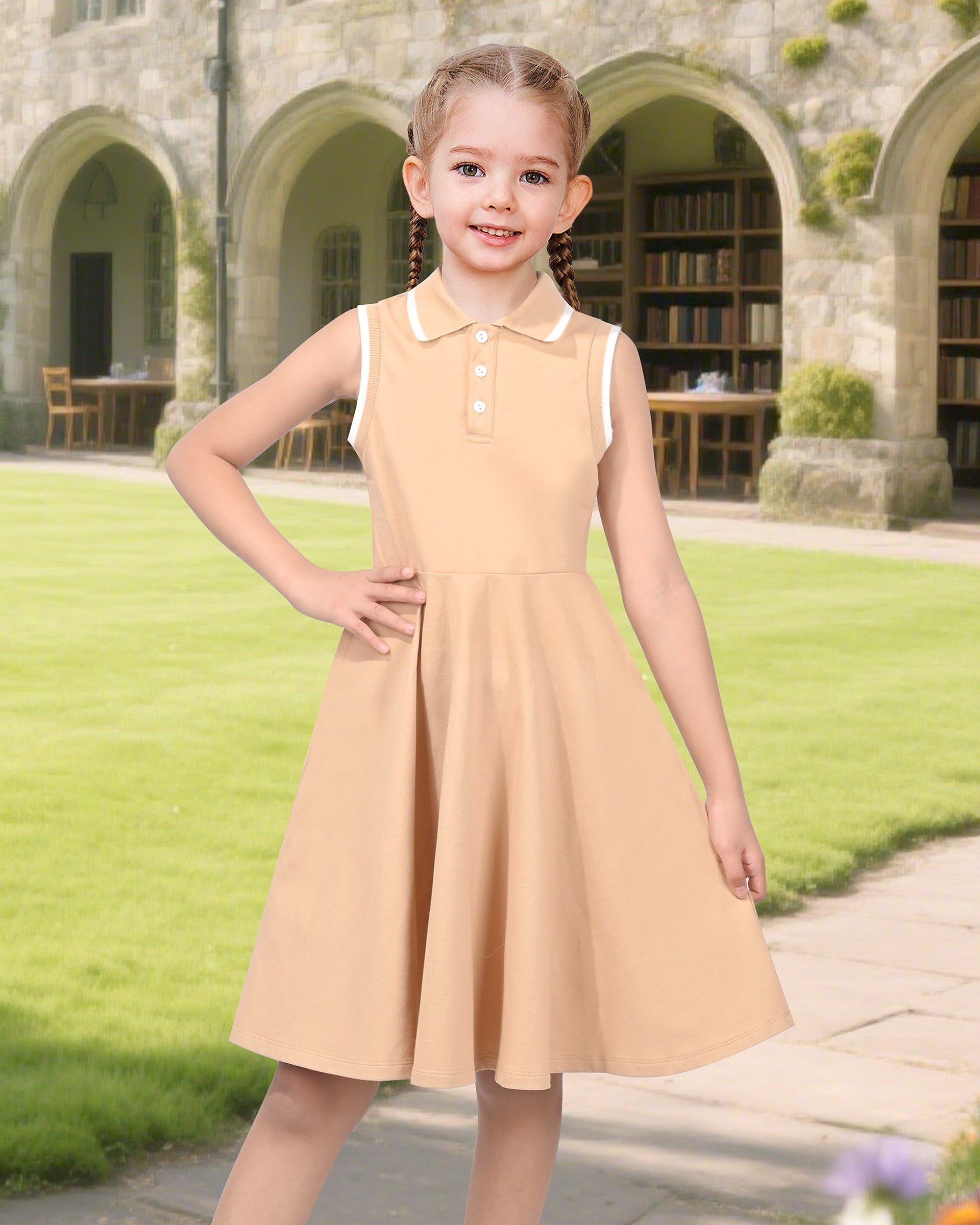 Girls Dress Knit Polo Collar Student Classic Casual Back to School Everyday Brown