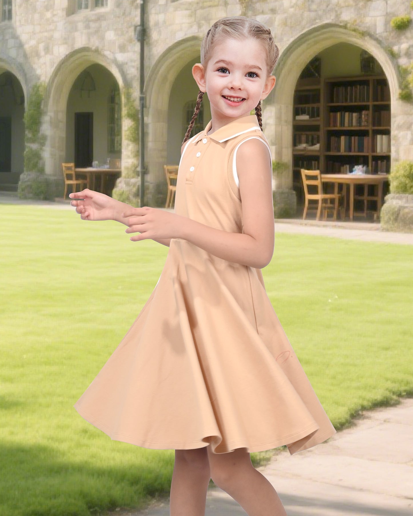 Girls Dress Knit Polo Collar Student Classic Casual Back to School Everyday Brown