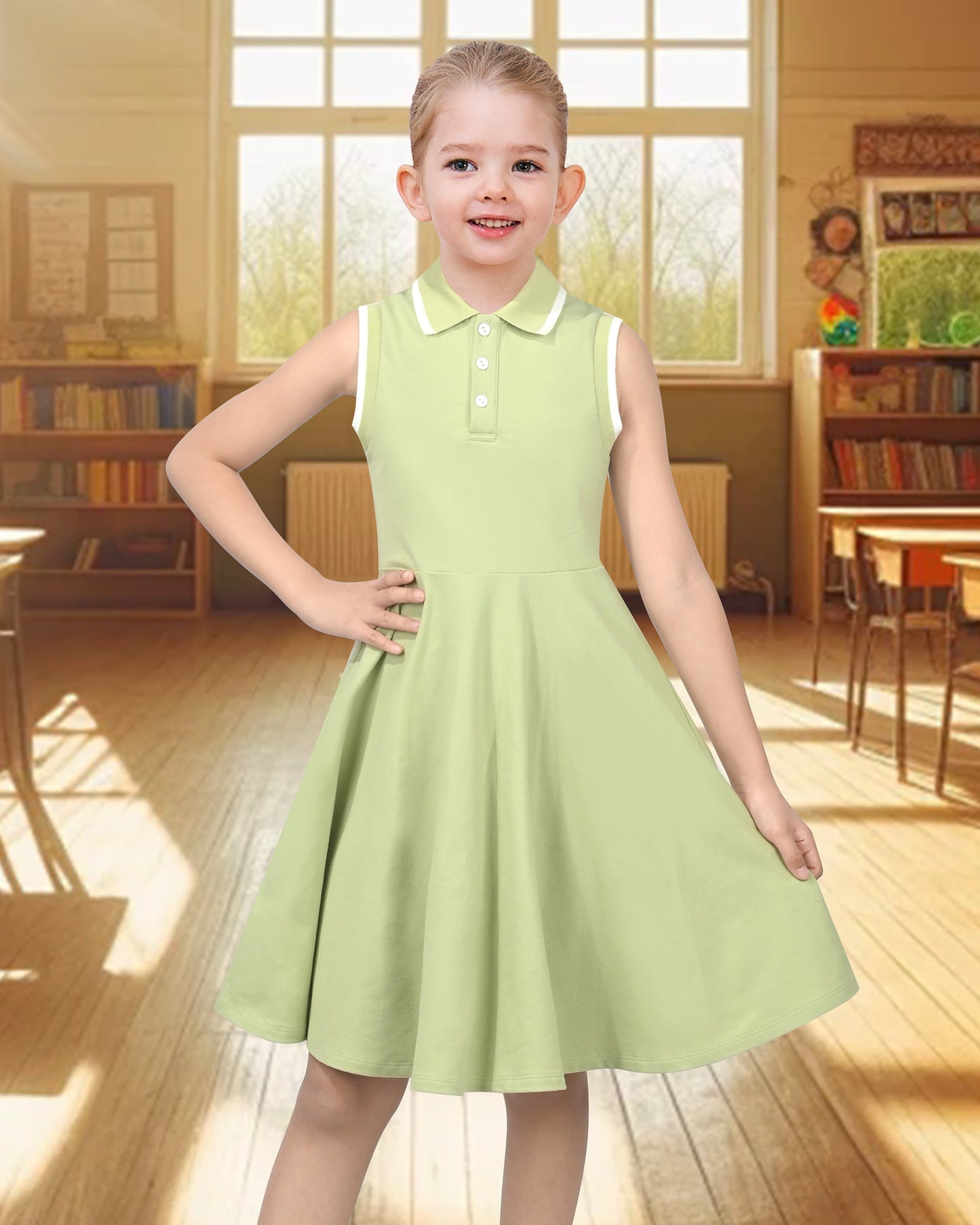 Girls Dress Knit Polo Collar Student Classic Casual Back to School Everyday Green