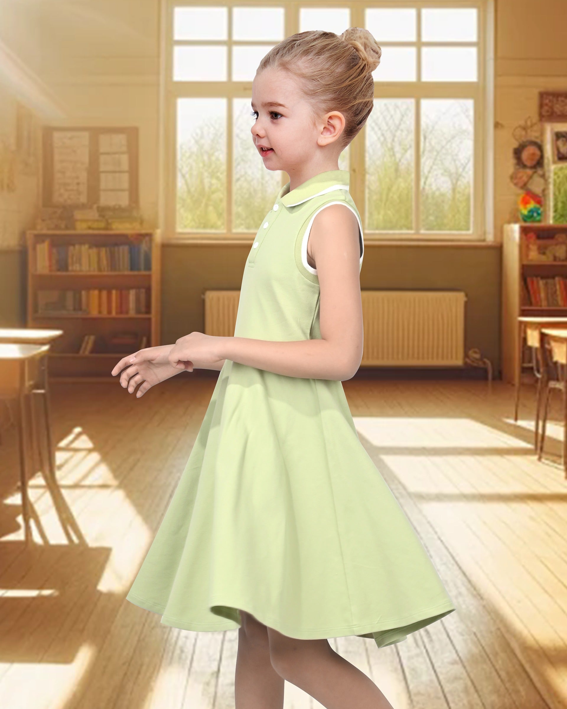 Girls Dress Knit Polo Collar Student Classic Casual Back to School Everyday Green