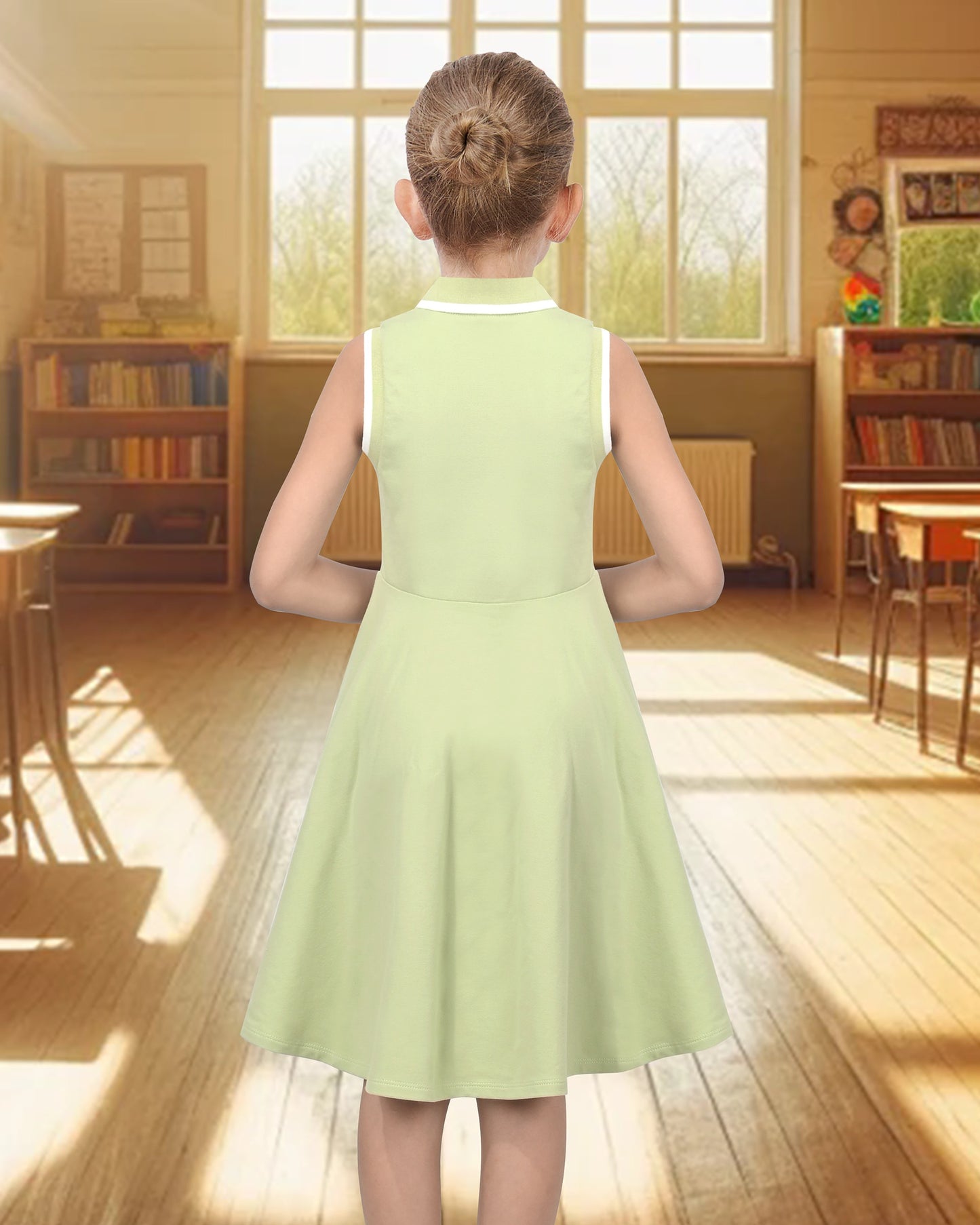 Girls Dress Knit Polo Collar Student Classic Casual Back to School Everyday Green