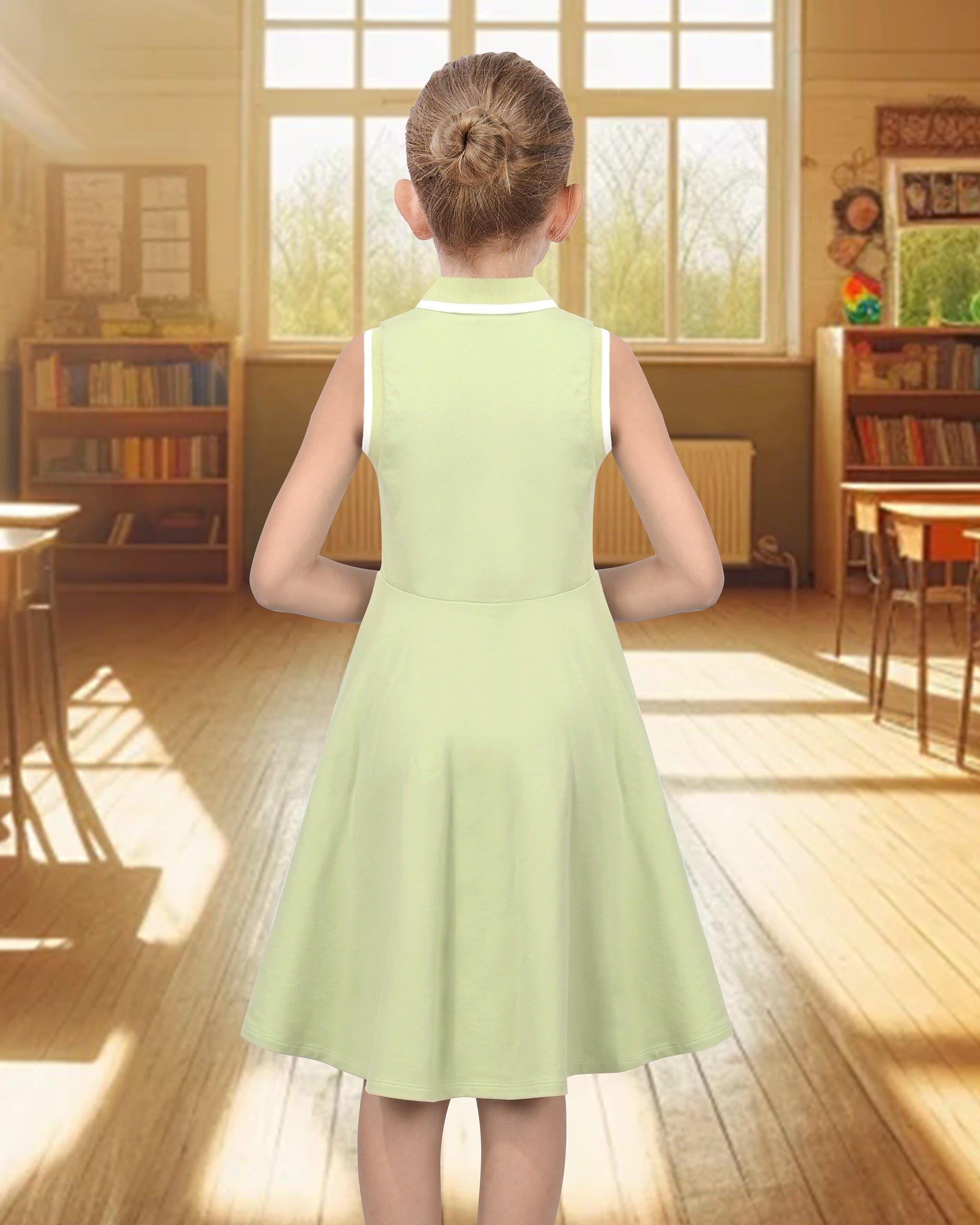 Girls Dress Knit Polo Collar Student Classic Casual Back to School Everyday Green