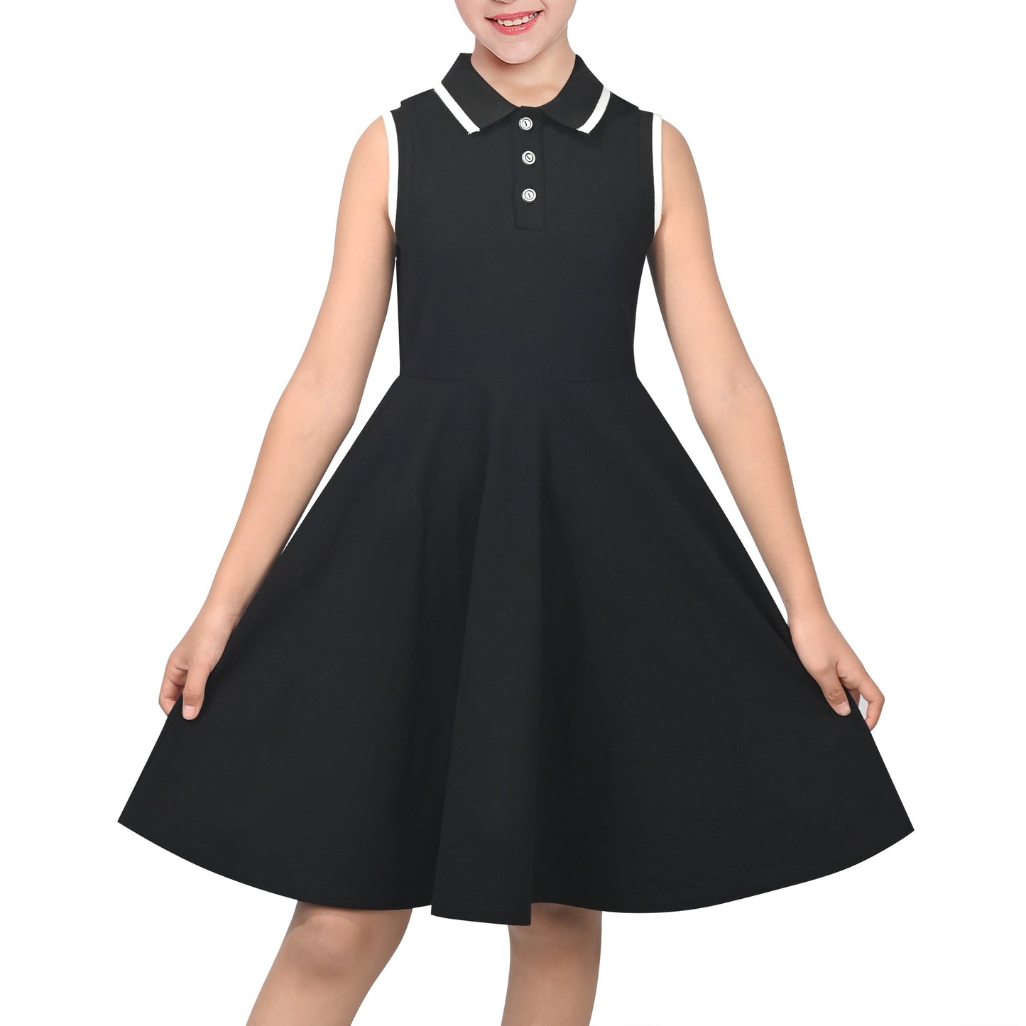 Girls Dress Knit Polo Collar Student Classic Casual Back to School Everyday Black
