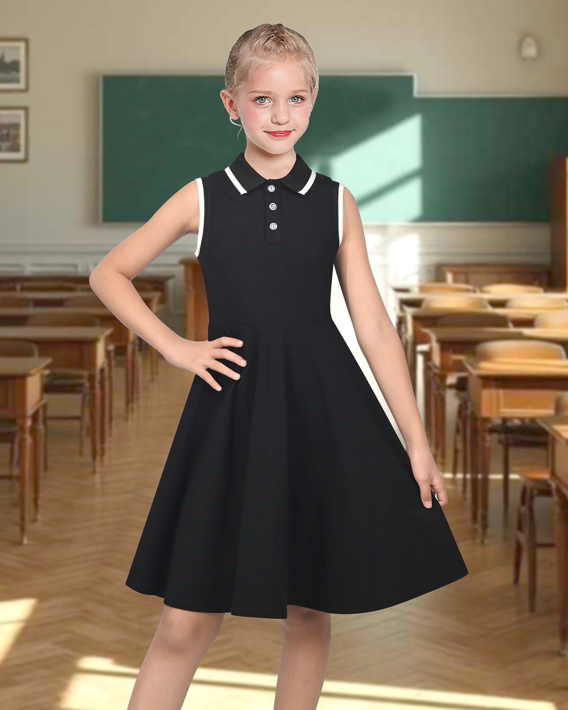 Girls Dress Knit Polo Collar Student Classic Casual Back to School Everyday Black