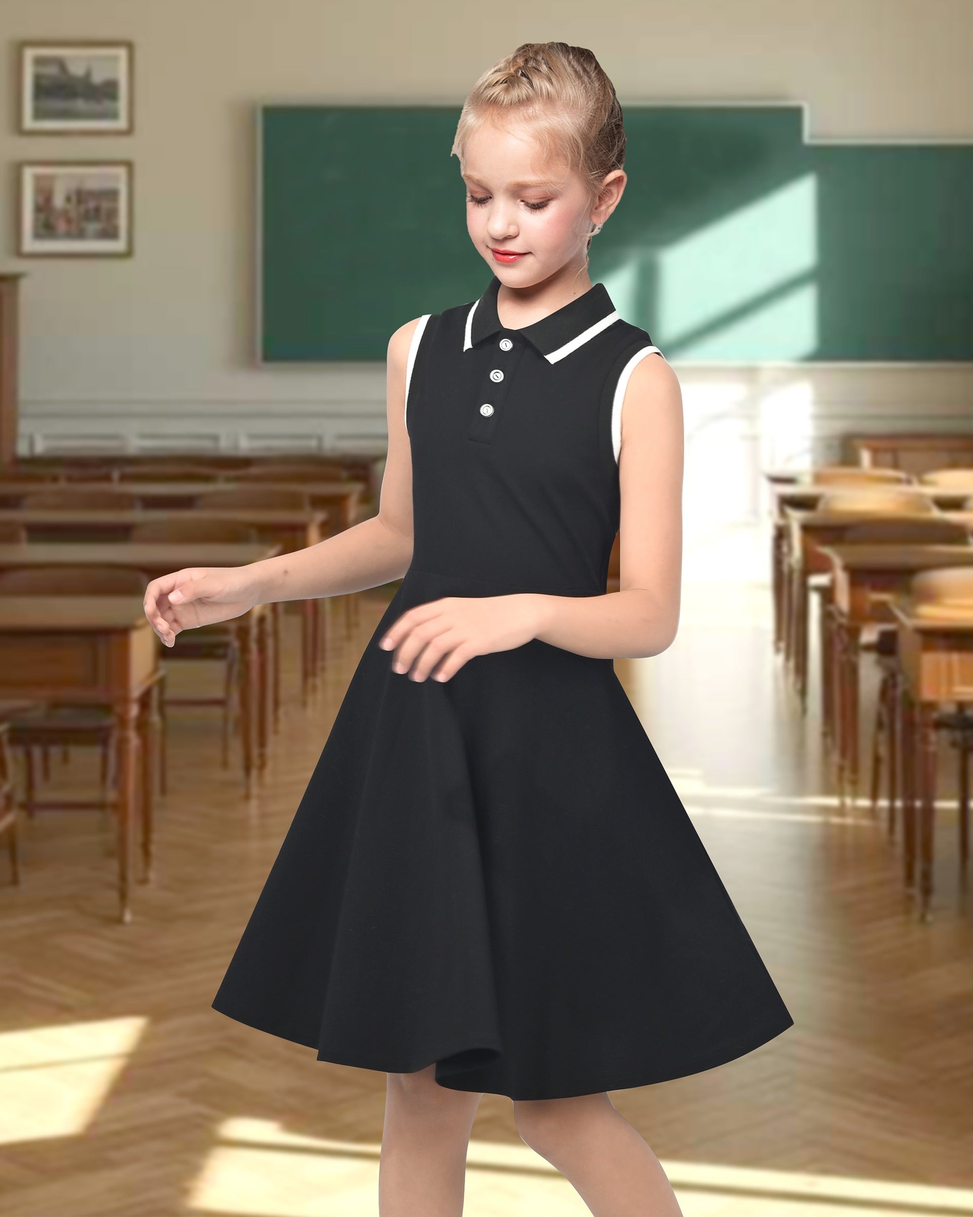 Girls Dress Knit Polo Collar Student Classic Casual Back to School Everyday Black