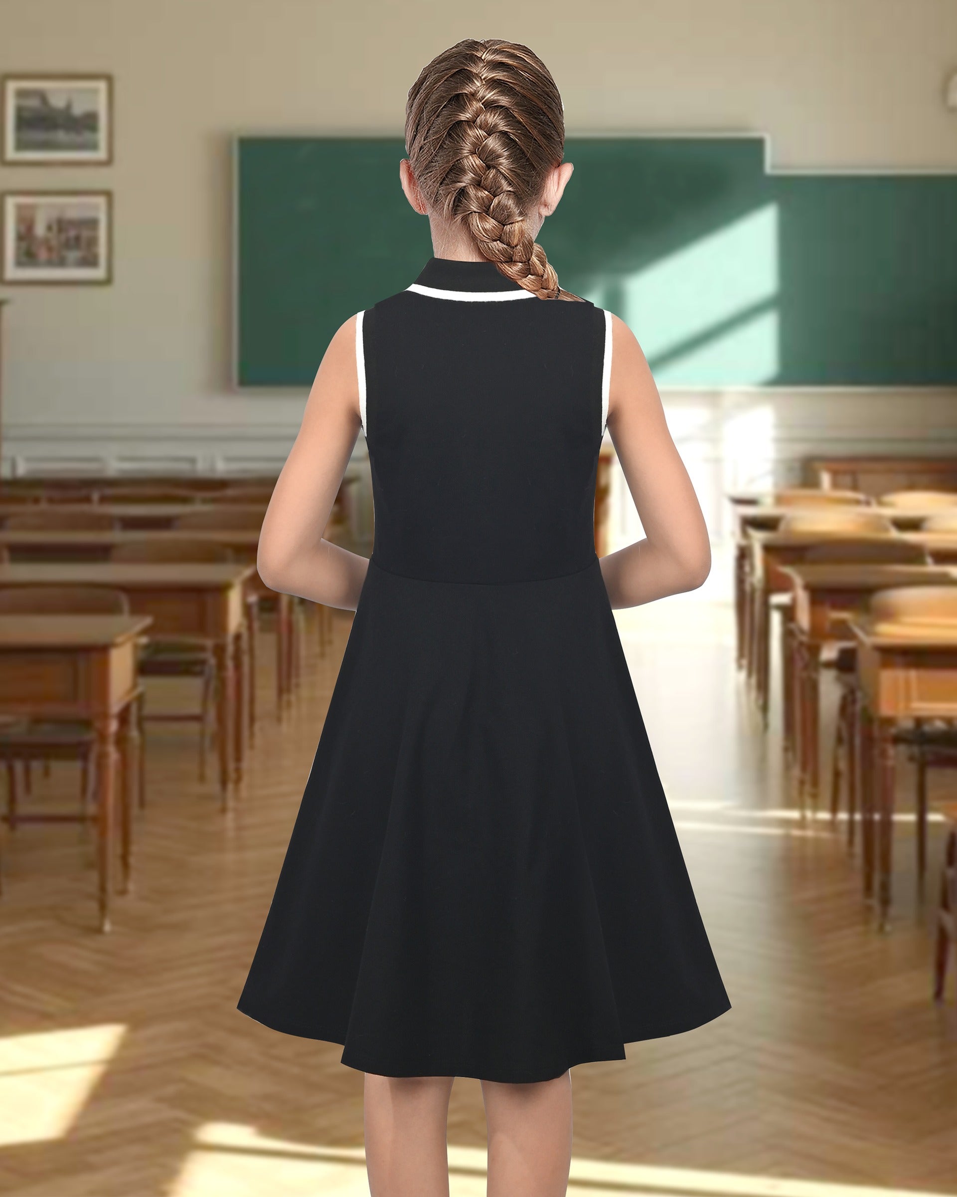 Girls Dress Knit Polo Collar Student Classic Casual Back to School Everyday Black