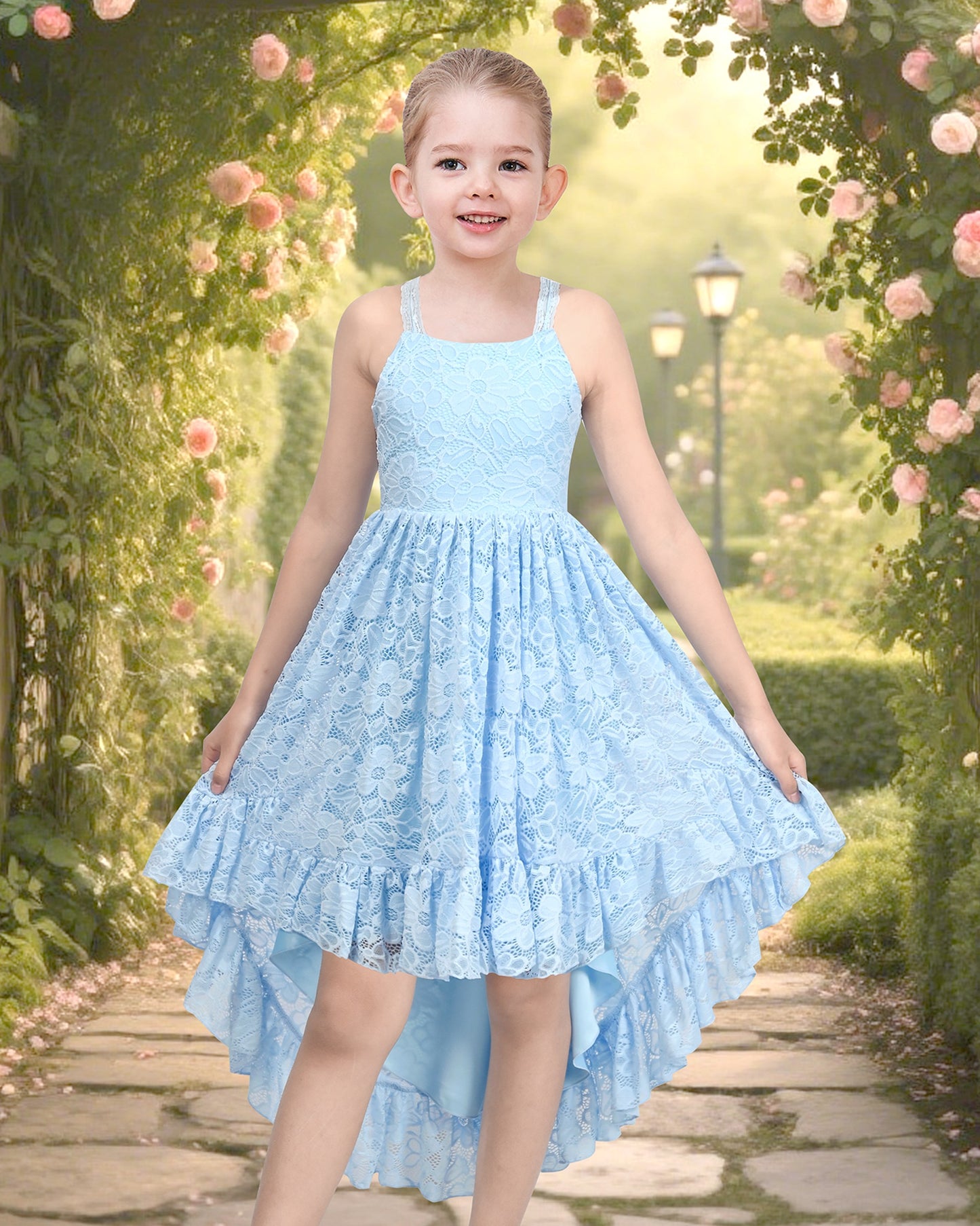 Girls Dress Lilac Lace Floral Hi-lo Strap Summer Holiday Elegant Princess Blue