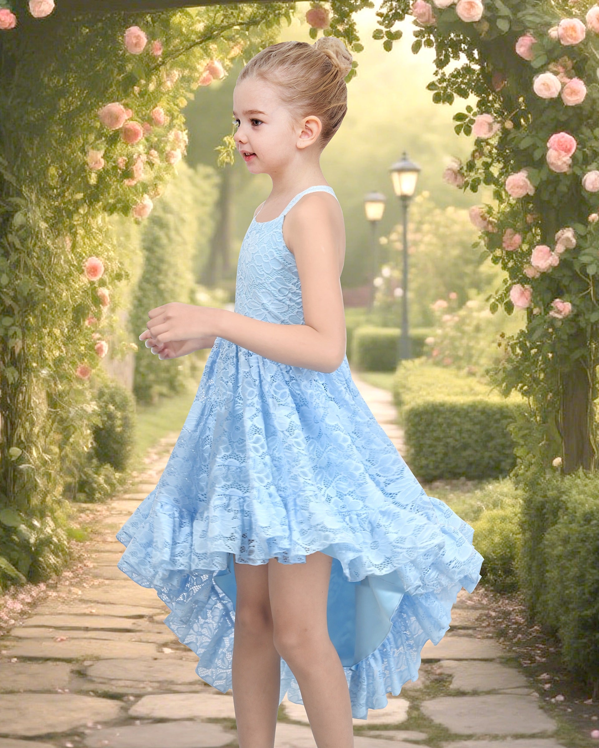 Girls Dress Lilac Lace Floral Hi-lo Strap Summer Holiday Elegant Princess Blue