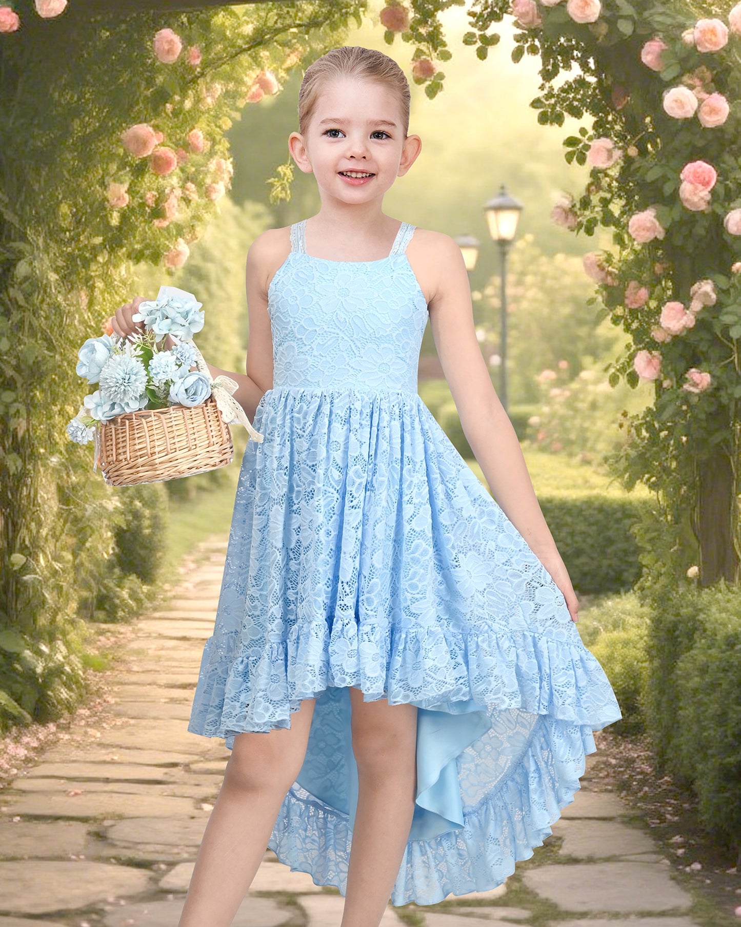 Girls Dress Lilac Lace Floral Hi-lo Strap Summer Holiday Elegant Princess Blue