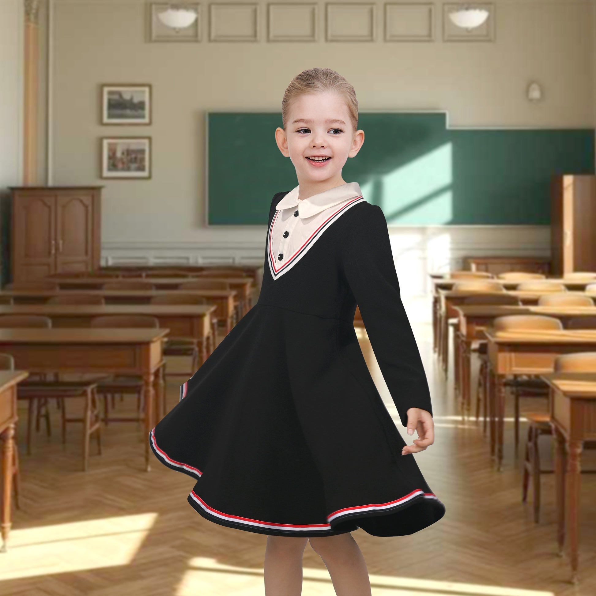 Girls Dress 2-in-1 School Uniform Checkered Plaid Suspender Skirt Black