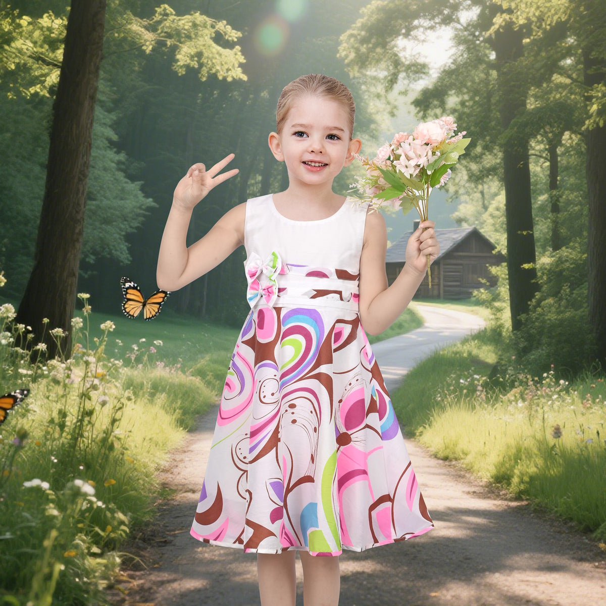 Girls Dress Brown Butterfly Double Bow Tie Party Kids Sundress - Multicolor Knot