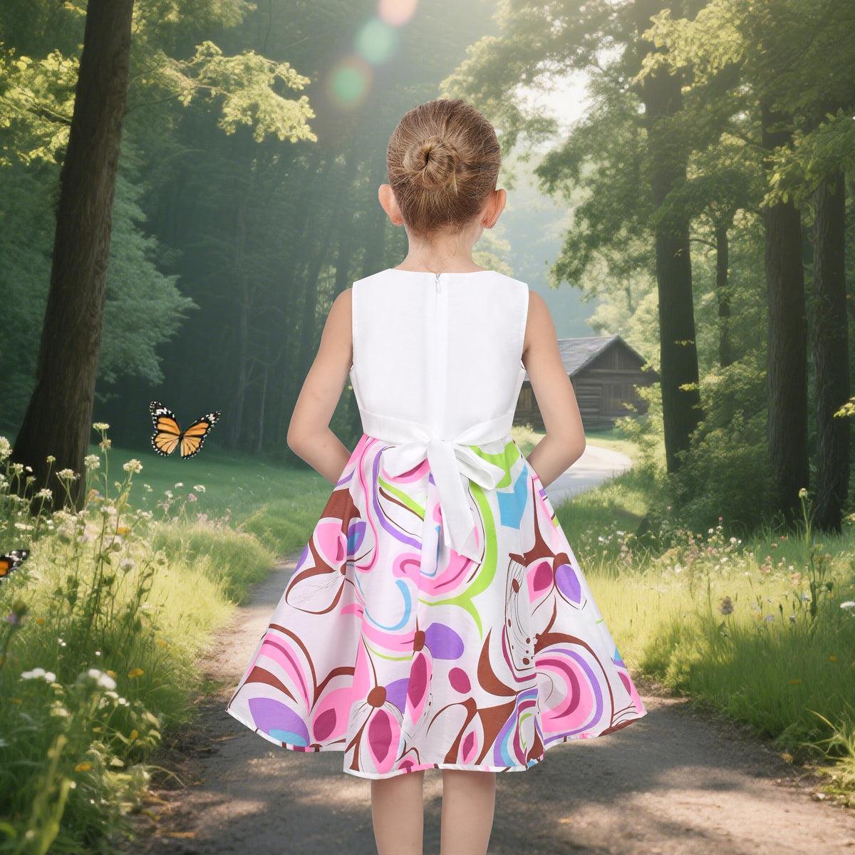Girls Dress Brown Butterfly Double Bow Tie Party Kids Sundress - Multicolor Knot