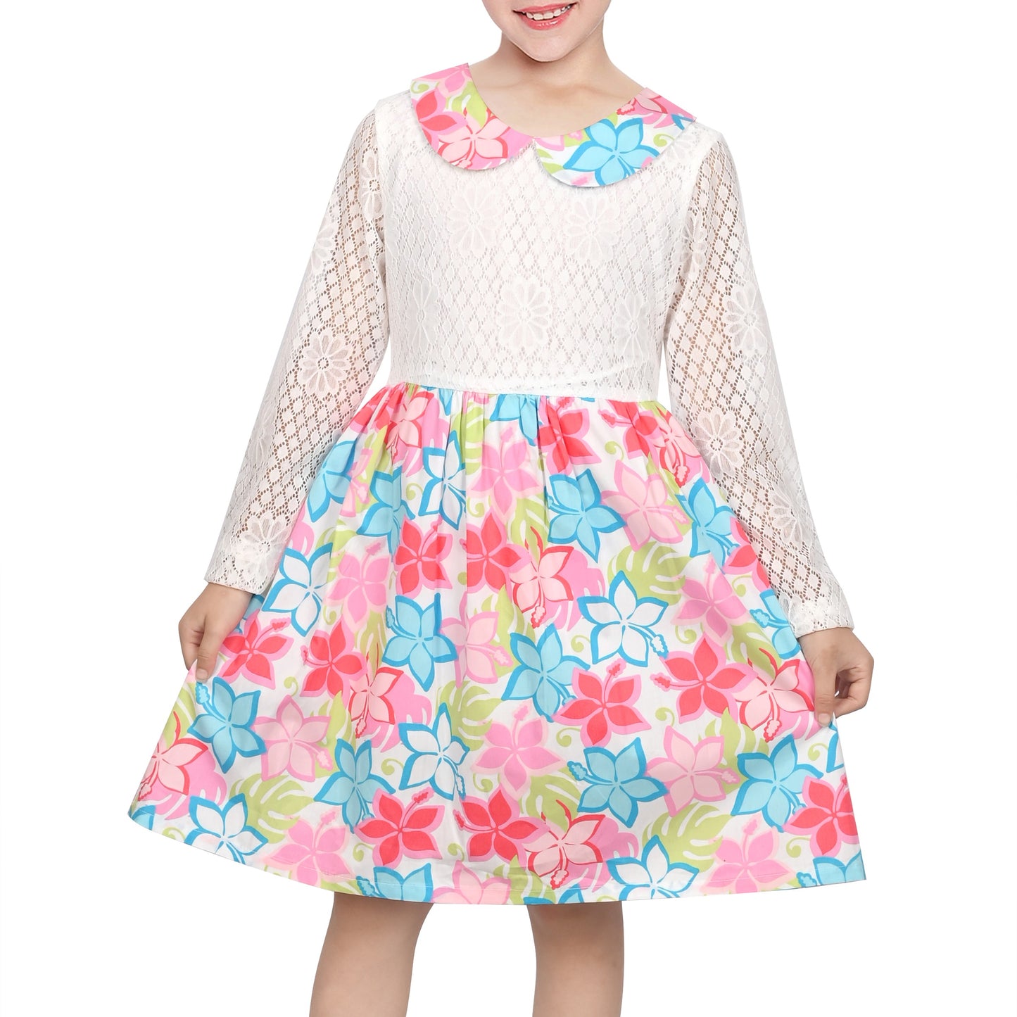 Girls Dress Lace Pearl Plum Blossom Elegant Princess Dress Multi-Color