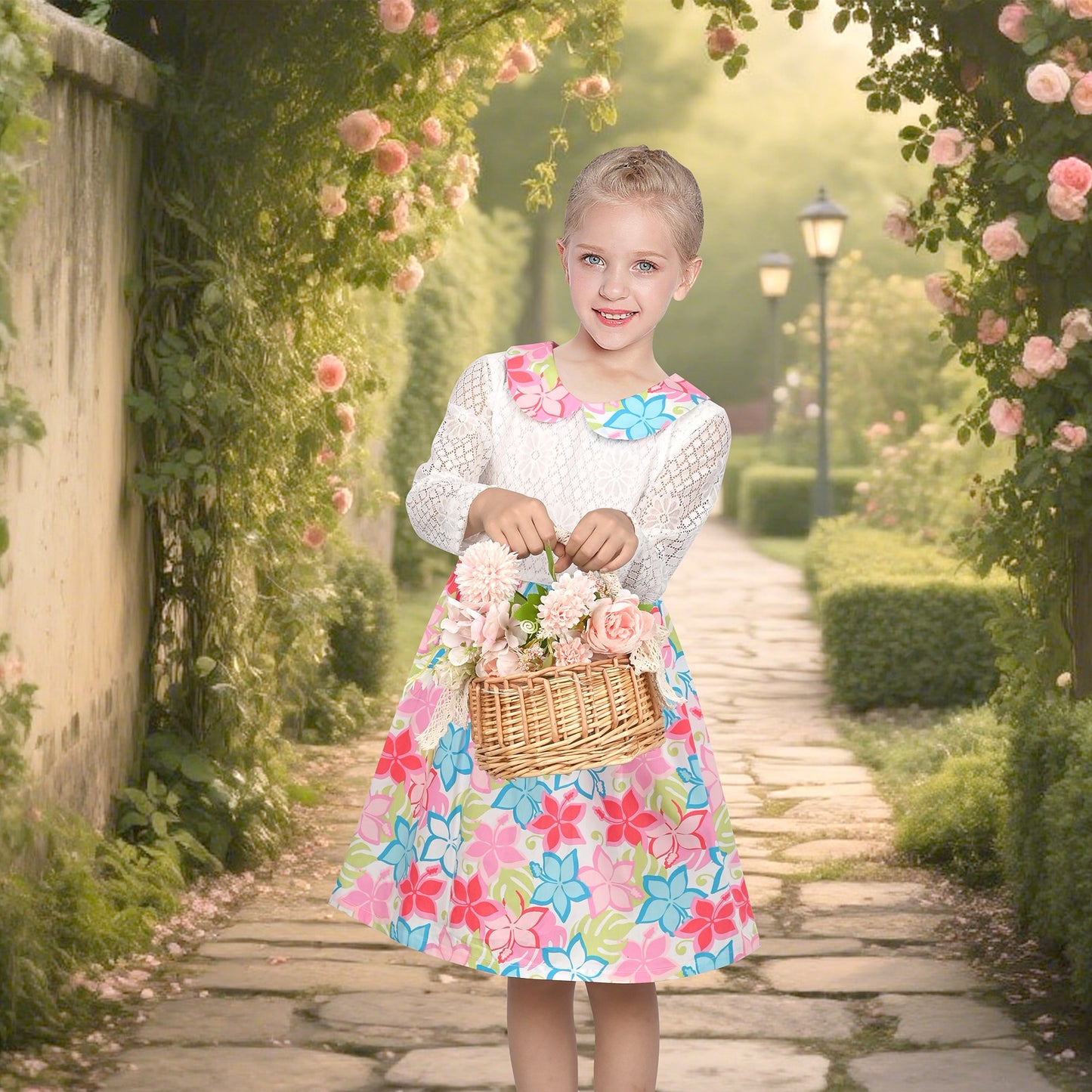 Girls Dress Lace Pearl Plum Blossom Elegant Princess Dress Multi-Color