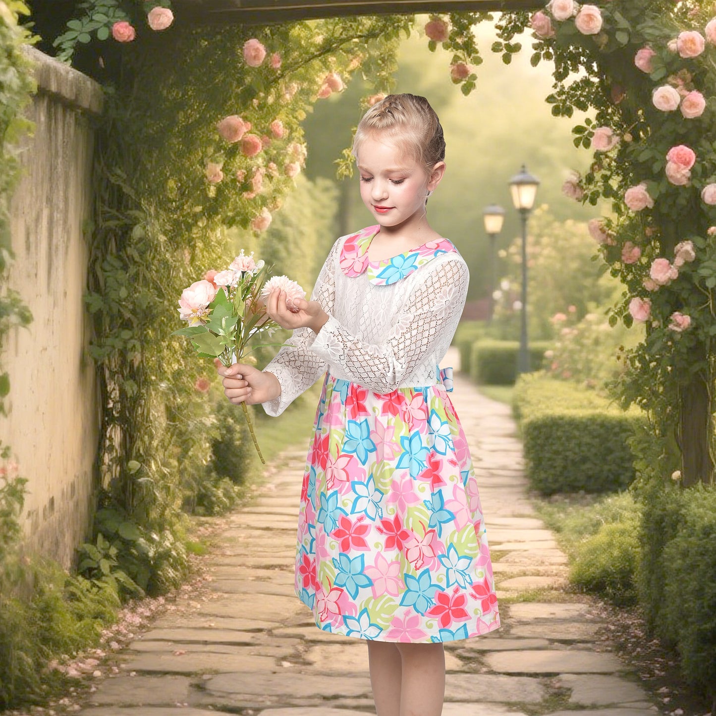 Girls Dress Lace Pearl Plum Blossom Elegant Princess Dress Multi-Color