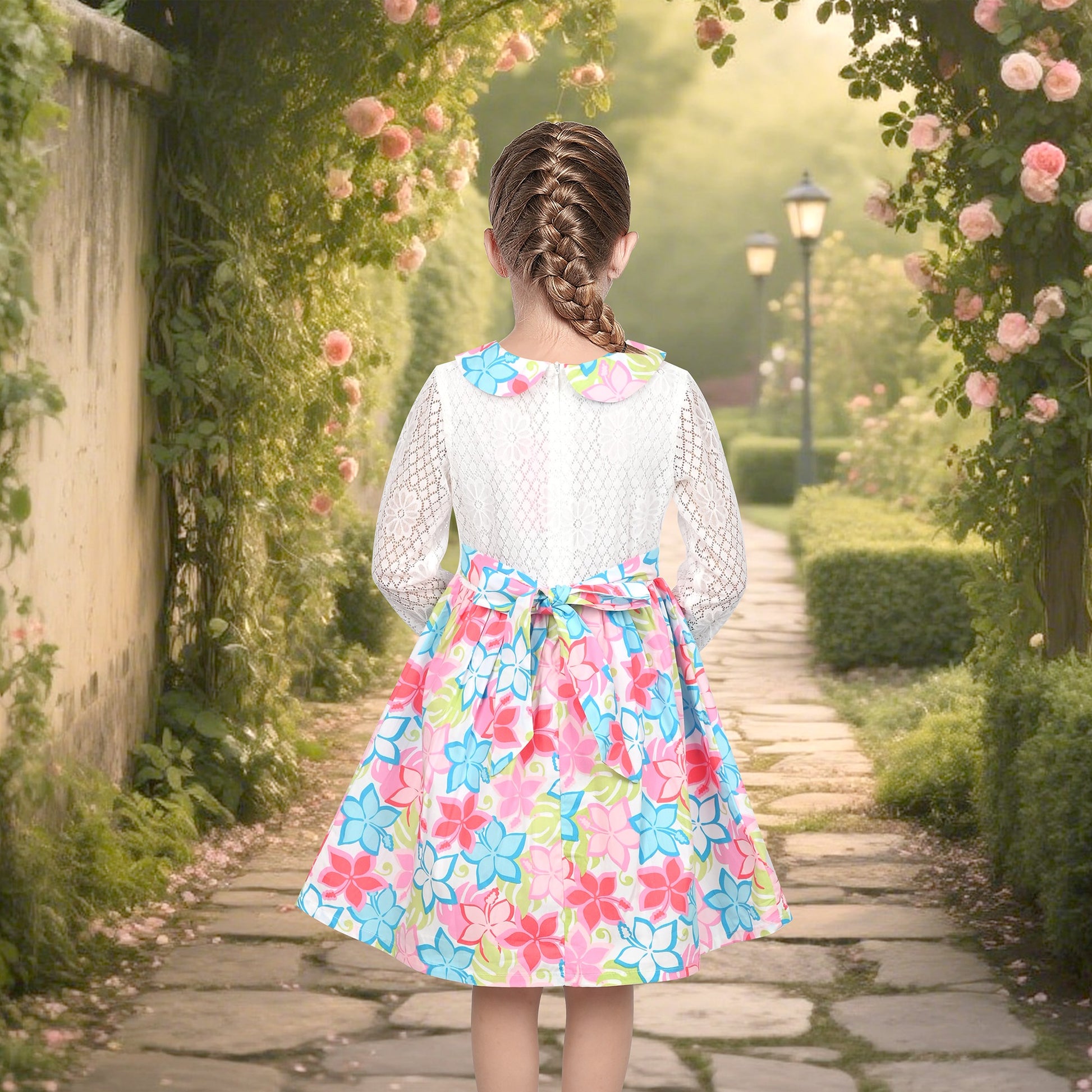 Girls Dress Lace Pearl Plum Blossom Elegant Princess Dress Multi-Color