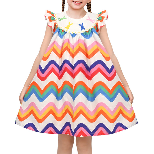 Girls Dress Rainbow Multicolor Bunny Embroidery Easter Button Back Chevron Spring Casual Multi-Color