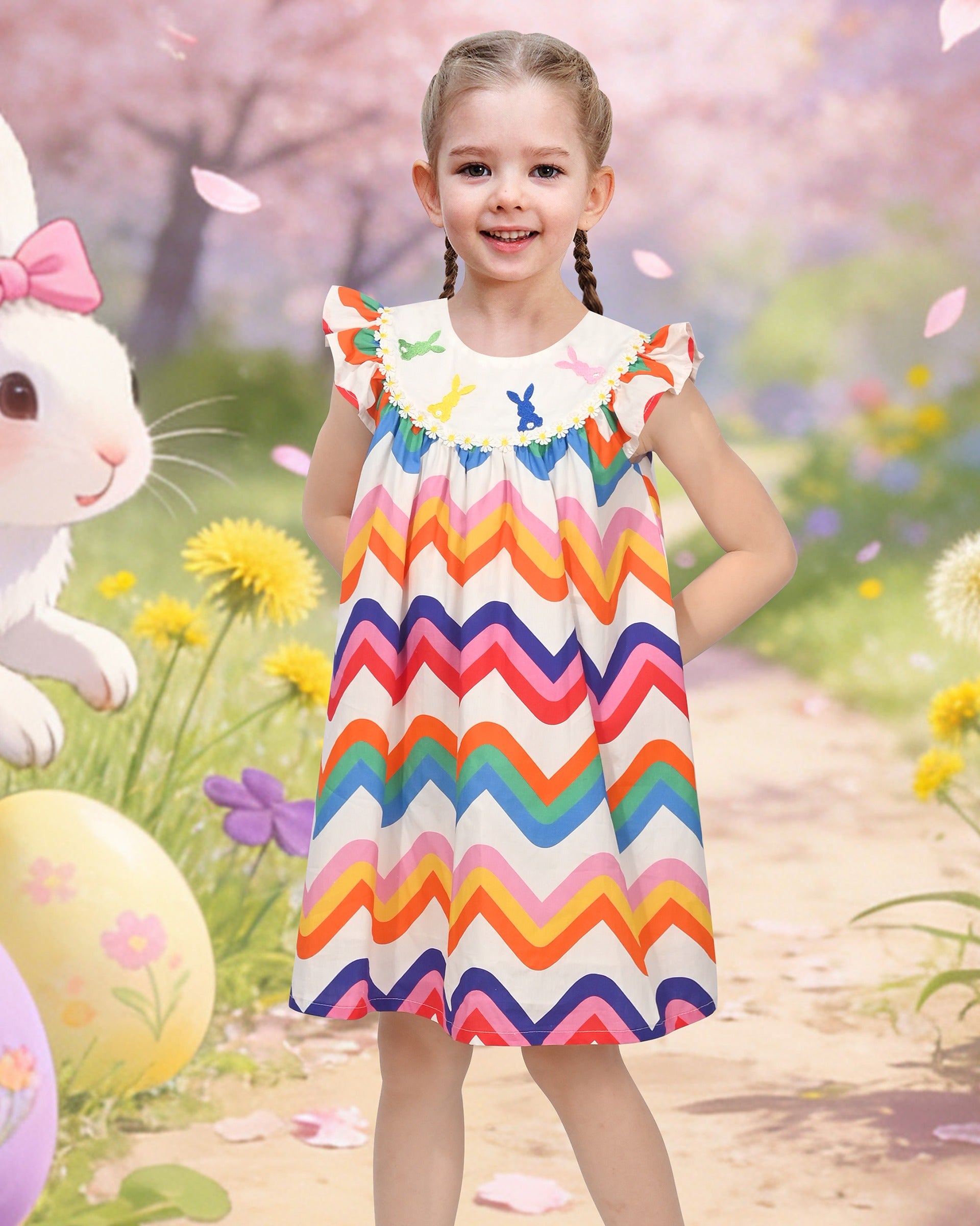 Girls Dress Rainbow Multicolor Bunny Embroidery Easter Button Back Chevron Spring Casual Multi-Color
