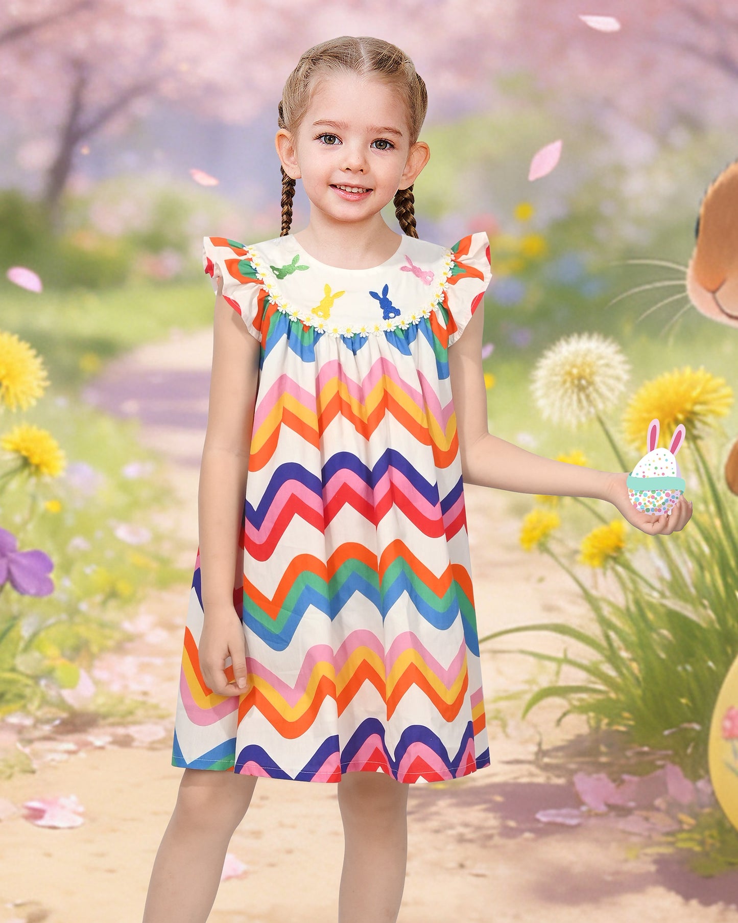 Girls Dress Rainbow Multicolor Bunny Embroidery Easter Button Back Chevron Spring Casual Multi-Color