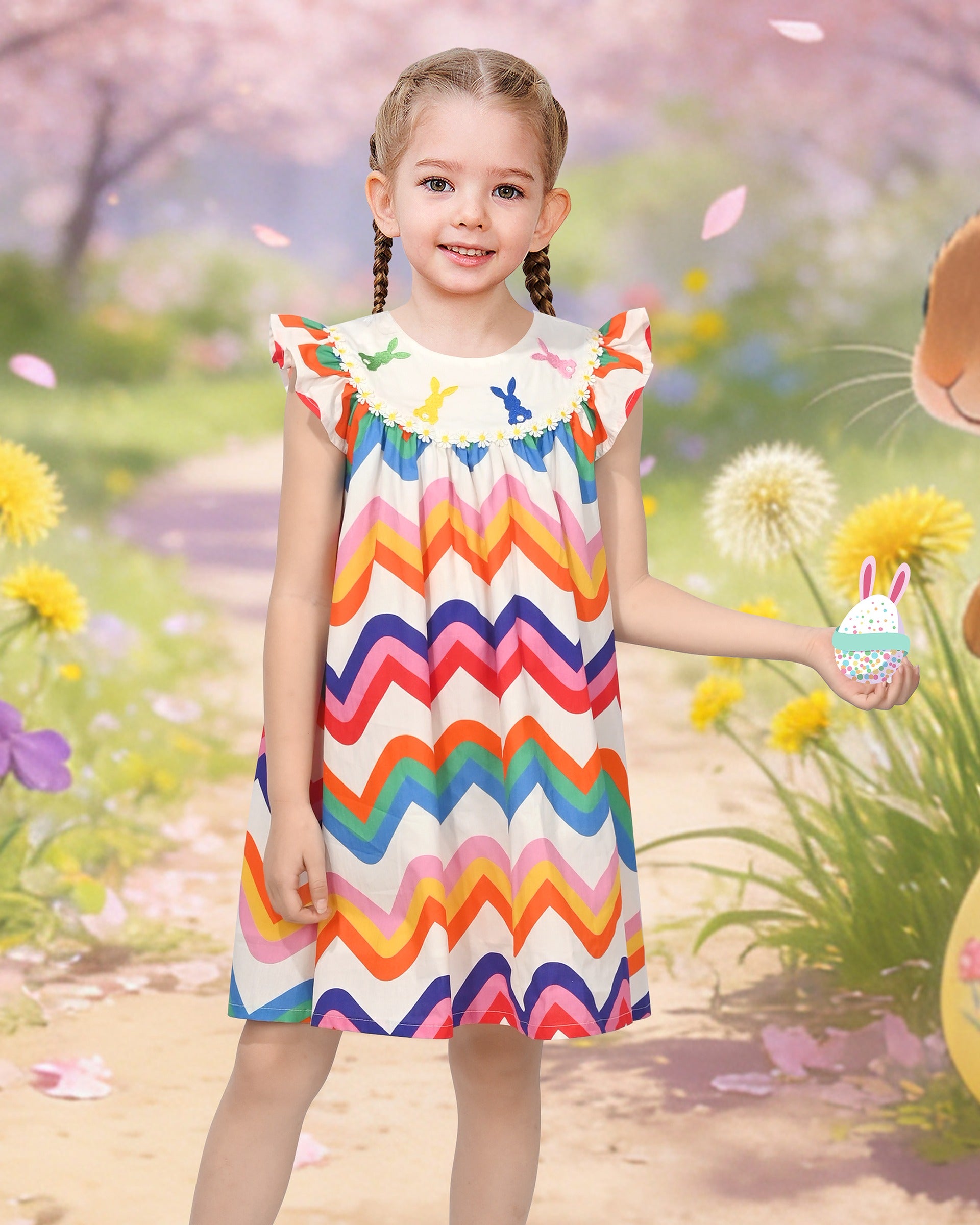 Girls Dress Rainbow Multicolor Bunny Embroidery Easter Button Back Chevron Spring Casual Multi-Color