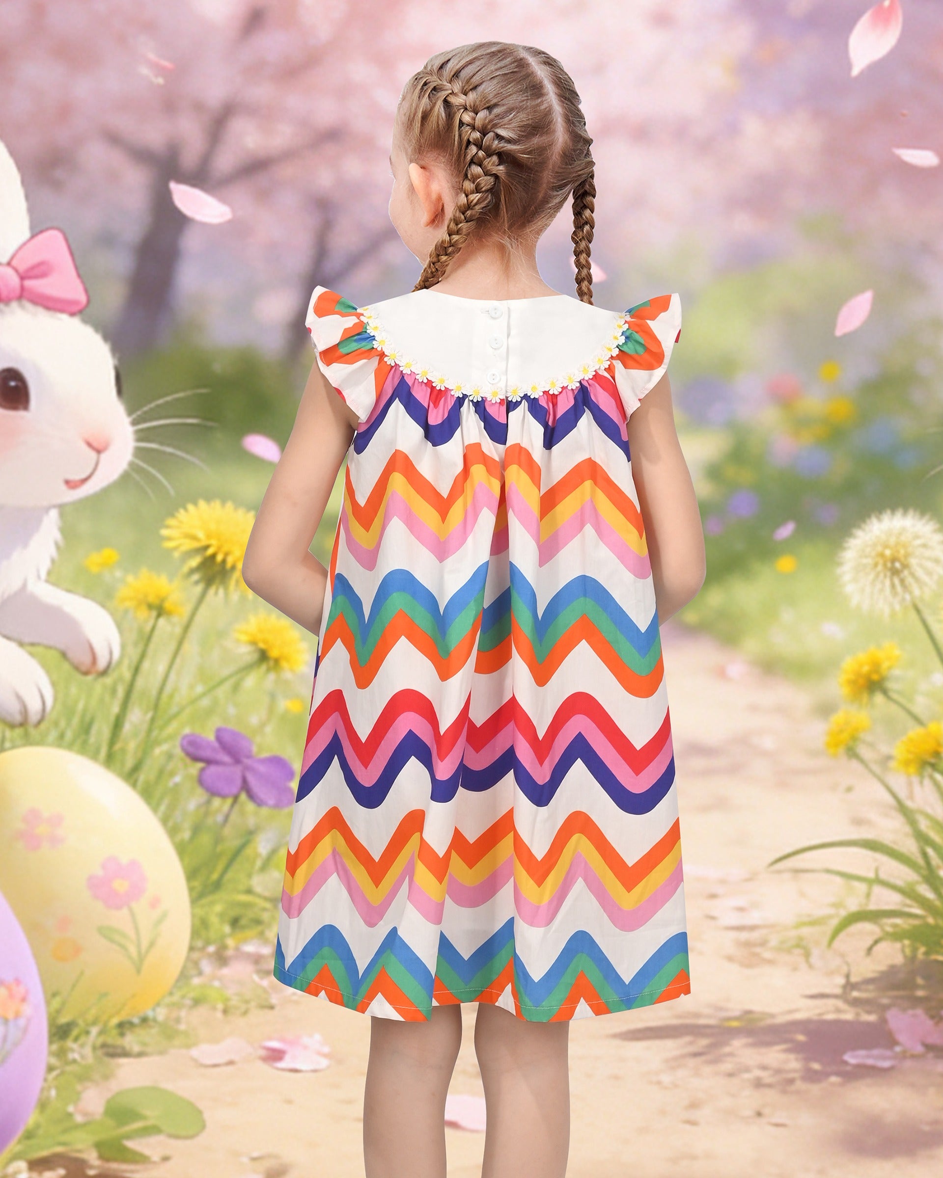 Girls Dress Rainbow Multicolor Bunny Embroidery Easter Button Back Chevron Spring Casual Multi-Color