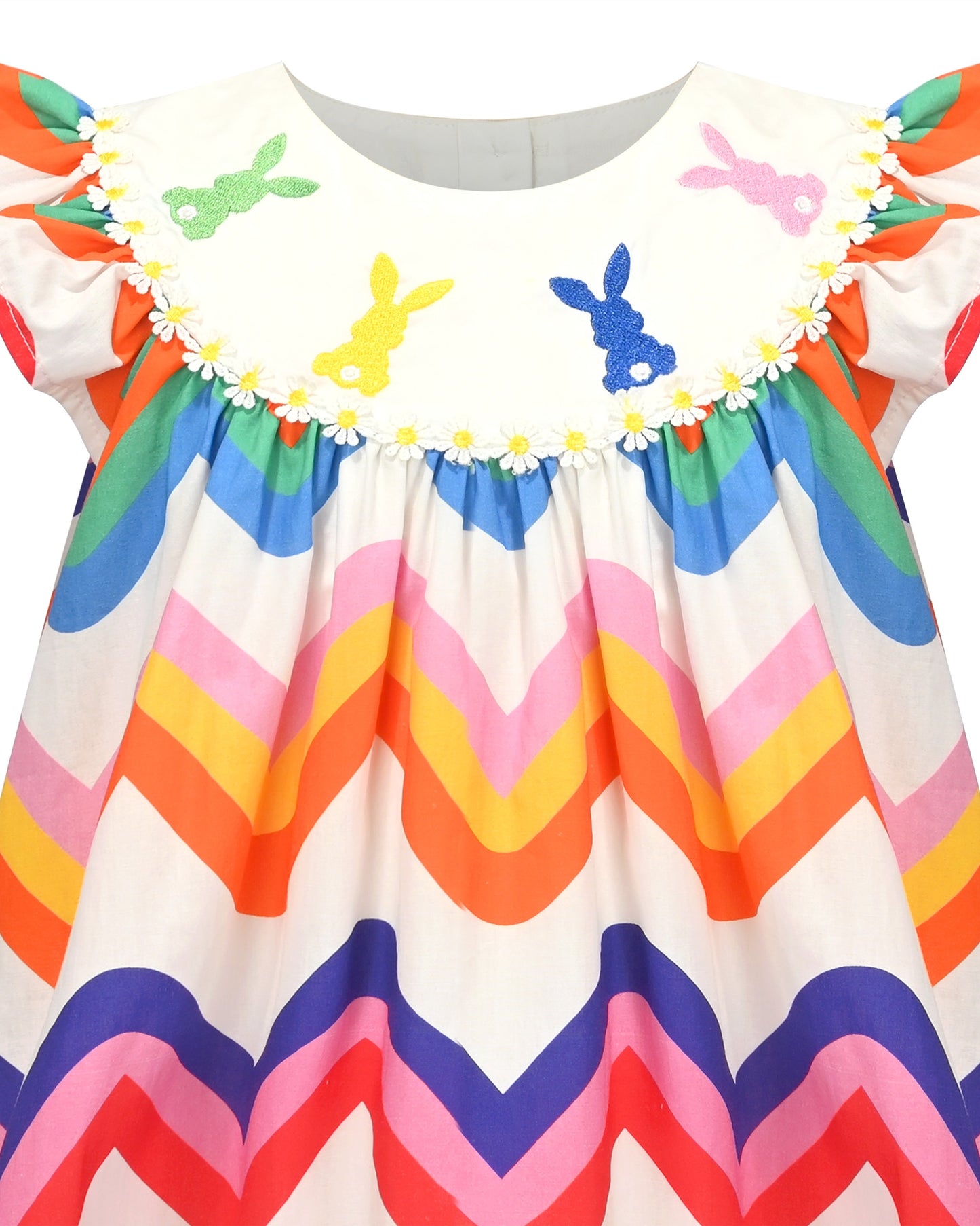 Girls Dress Rainbow Multicolor Bunny Embroidery Easter Button Back Chevron Spring Casual Multi-Color