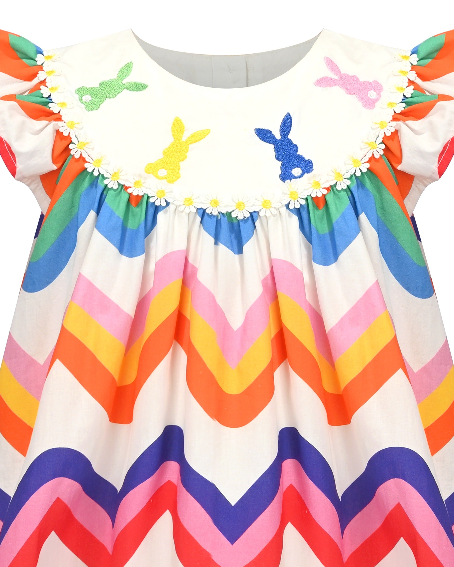 Girls Dress Rainbow Multicolor Bunny Embroidery Easter Button Back Chevron Spring Casual Multi-Color