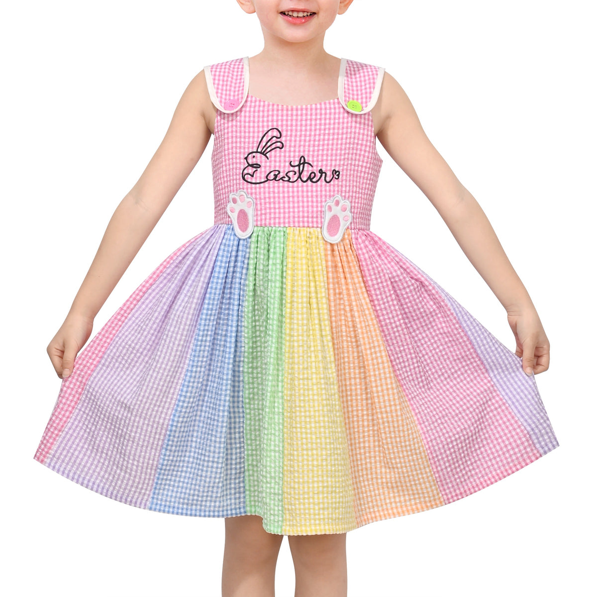 Girls Pink Heart Print Bow Tie Party Sundress Kids Clothes SZ - Rainbow Bunny