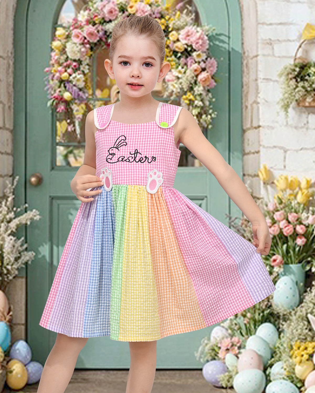 Girls Pink Heart Print Bow Tie Party Sundress Kids Clothes SZ - Rainbow Bunny