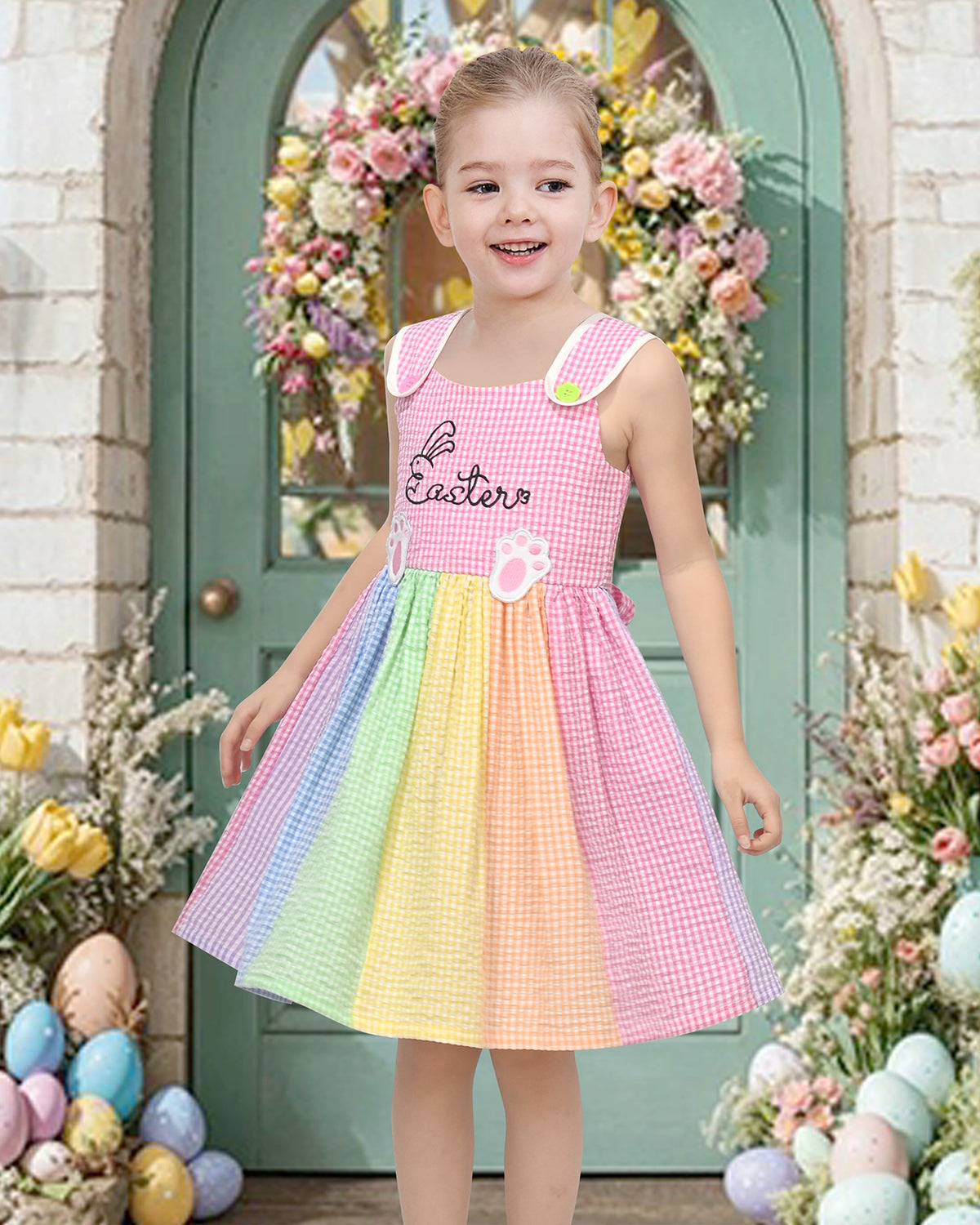 Girls Pink Heart Print Bow Tie Party Sundress Kids Clothes SZ - Rainbow Bunny