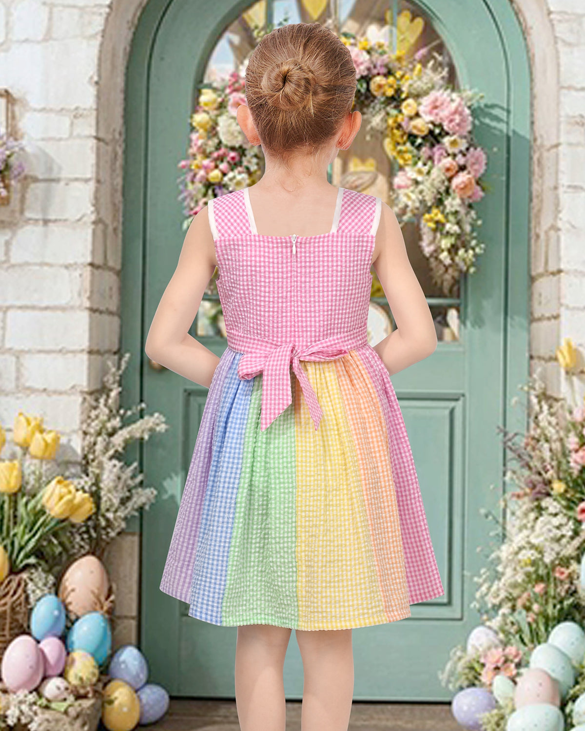 Girls Pink Heart Print Bow Tie Party Sundress Kids Clothes SZ - Rainbow Bunny