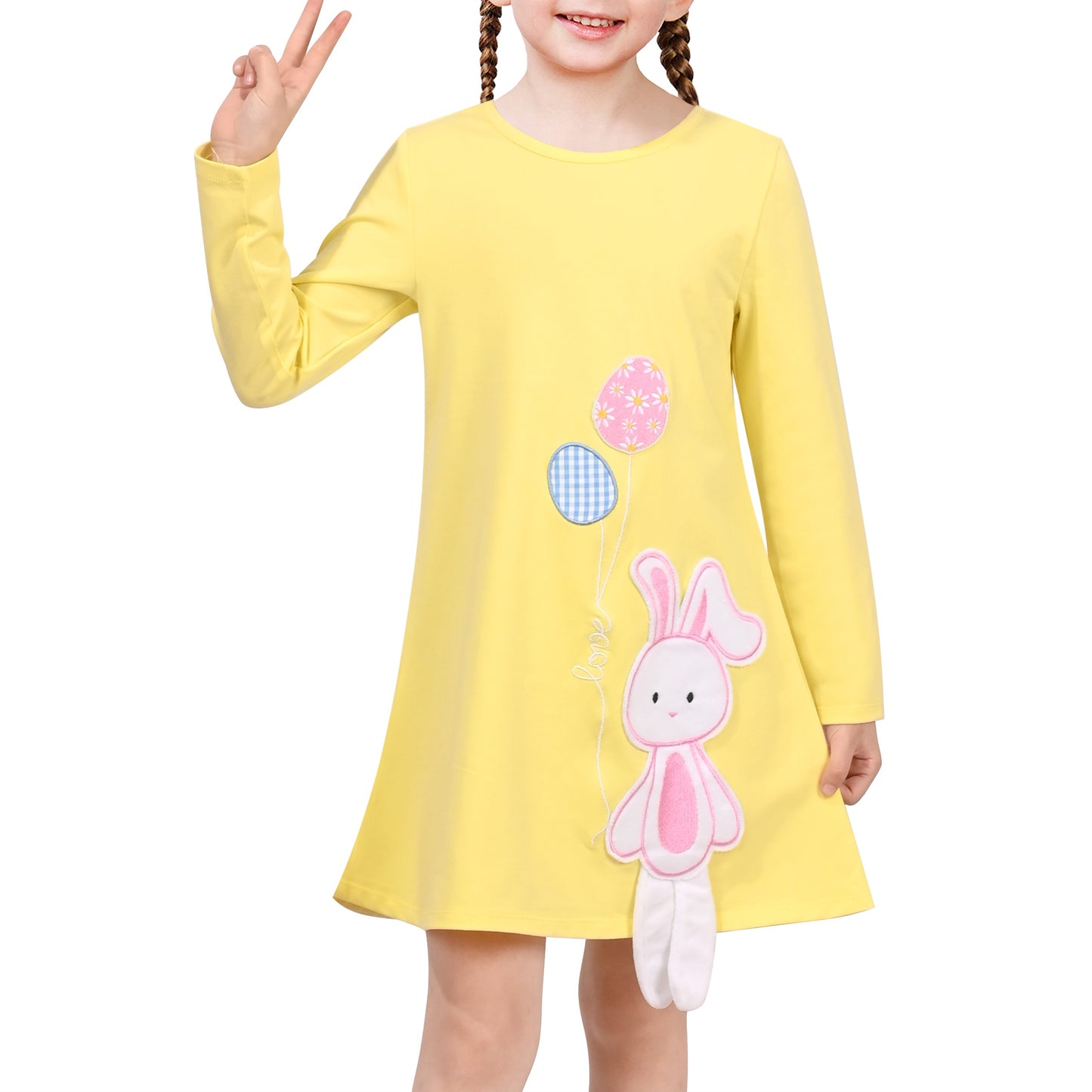 Girls Dress Easter Bunny Rainbow Cotton Embroidery Casual Long Sleeve Yellow