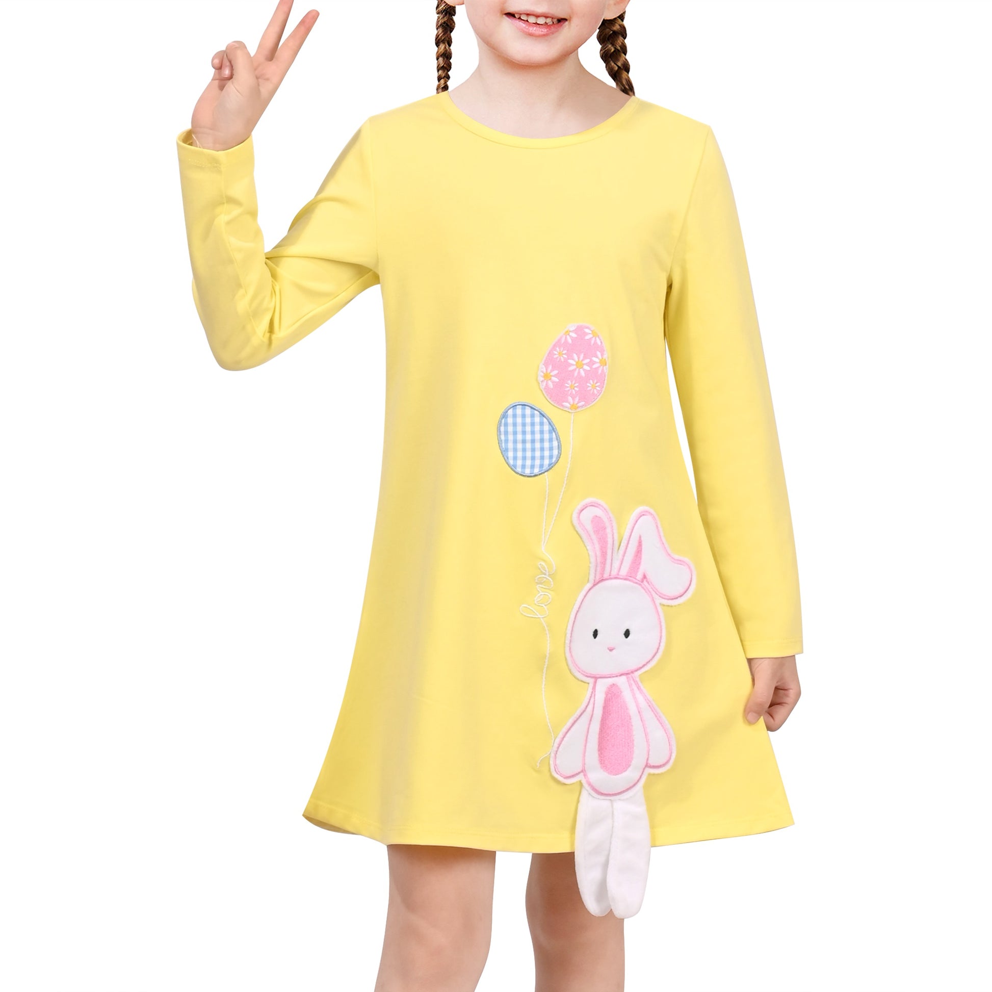 Girls Dress Easter Bunny Rainbow Cotton Embroidery Casual Long Sleeve Yellow