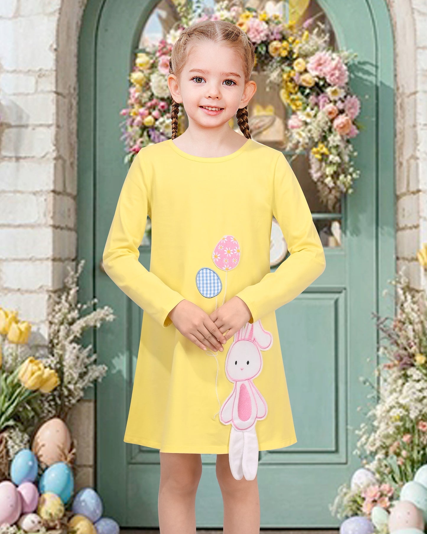 Girls Dress Easter Bunny Rainbow Cotton Embroidery Casual Long Sleeve Yellow