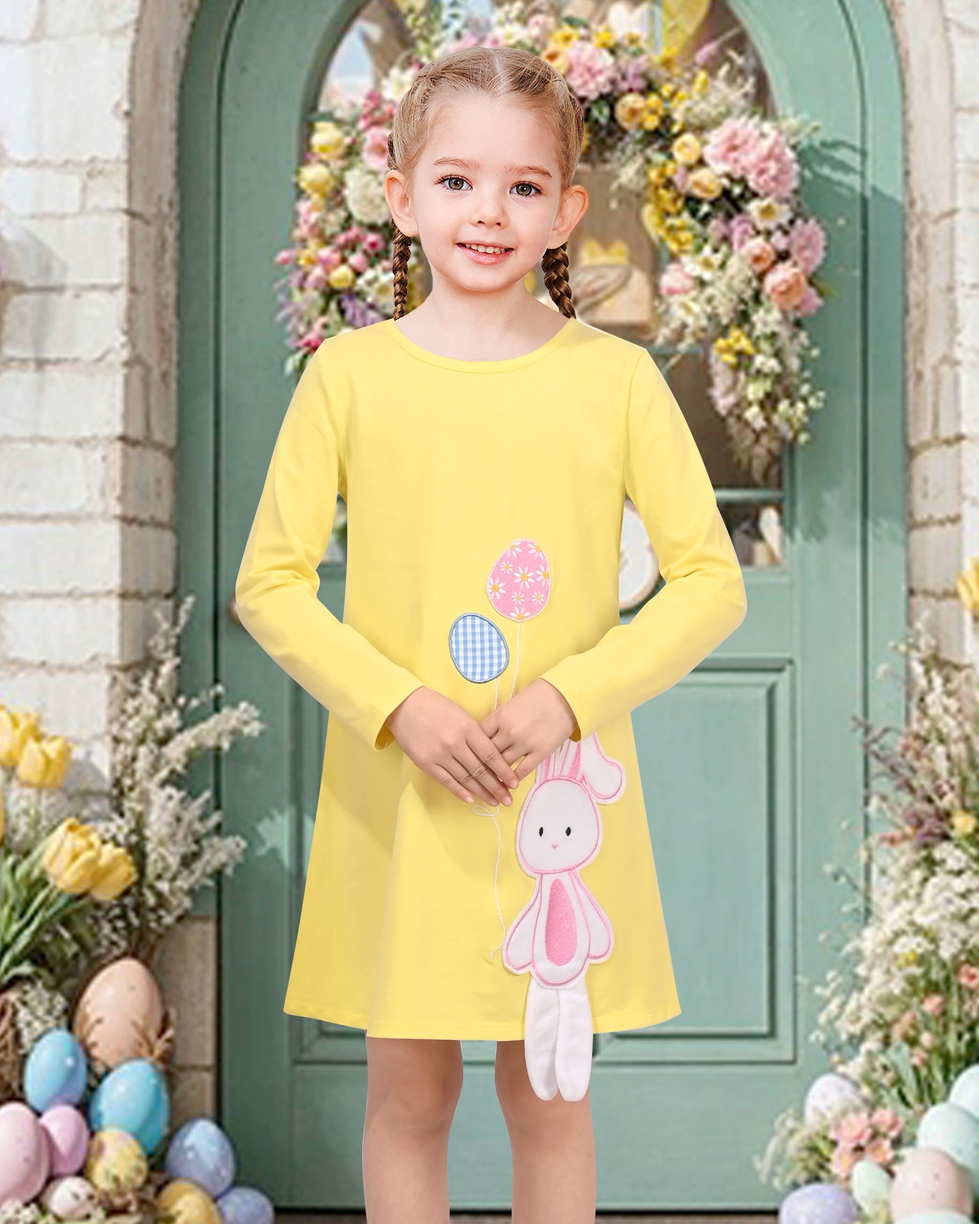 Girls Dress Easter Bunny Rainbow Cotton Embroidery Casual Long Sleeve Yellow