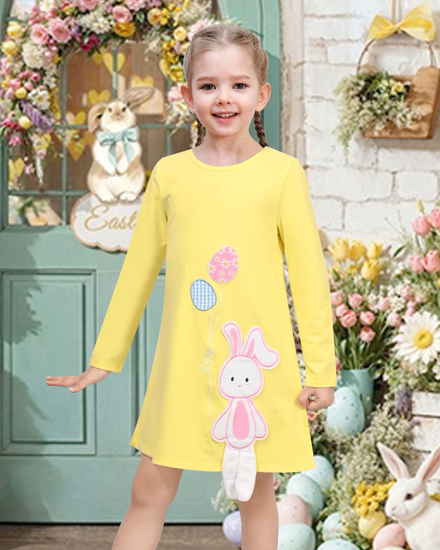 Girls Dress Easter Bunny Rainbow Cotton Embroidery Casual Long Sleeve Yellow