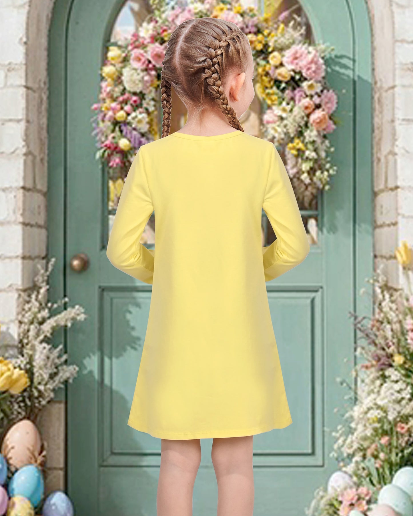 Girls Dress Easter Bunny Rainbow Cotton Embroidery Casual Long Sleeve Yellow